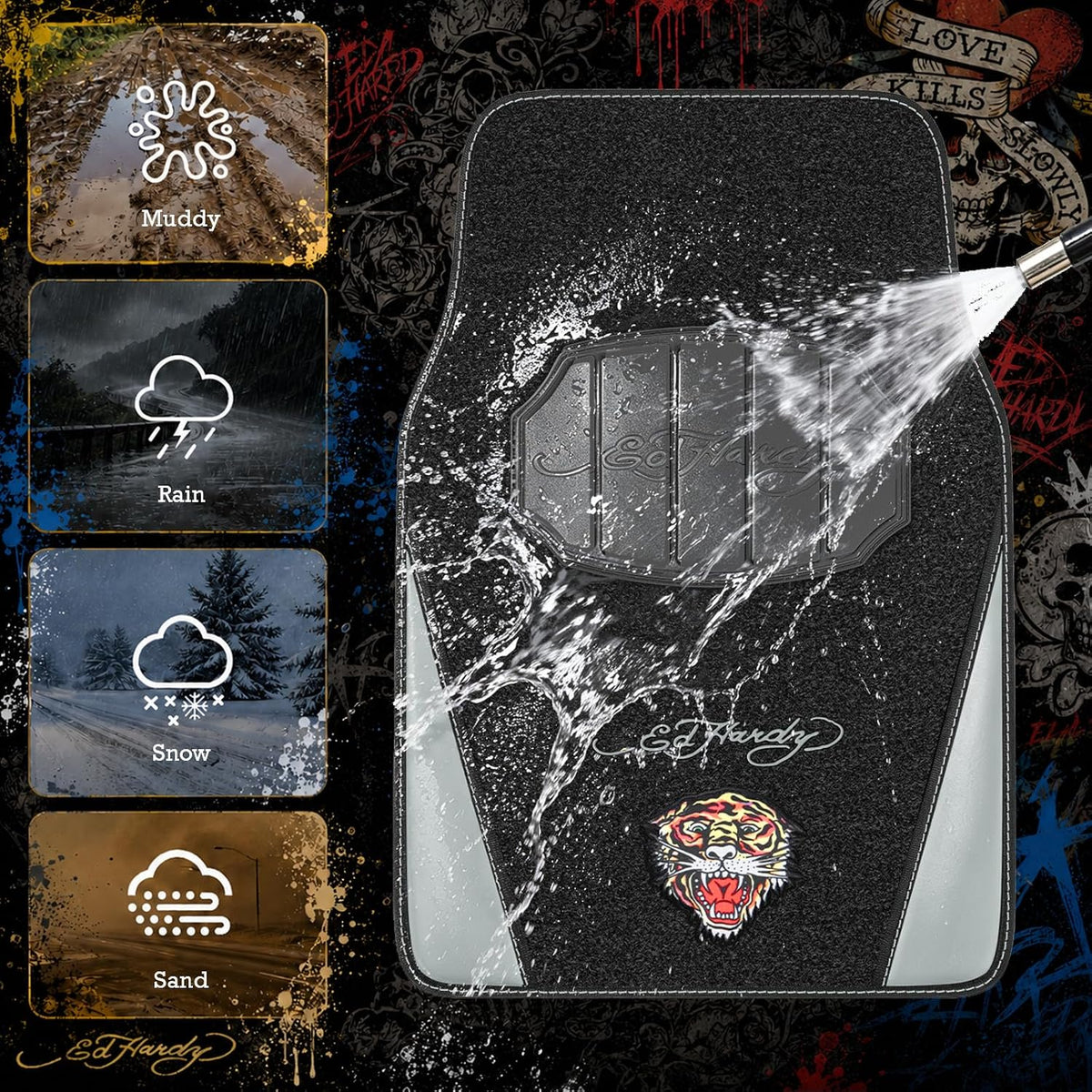 ED HARDY Tiger Print Car Floor Mats, Carpet Floor Mats with Gray Leather Design, Automotive Car Mats with Built-in Heel Pad & Anti-Slip Backing, Fits Most Cars, SUVs & Trucks, Durable & Odorless