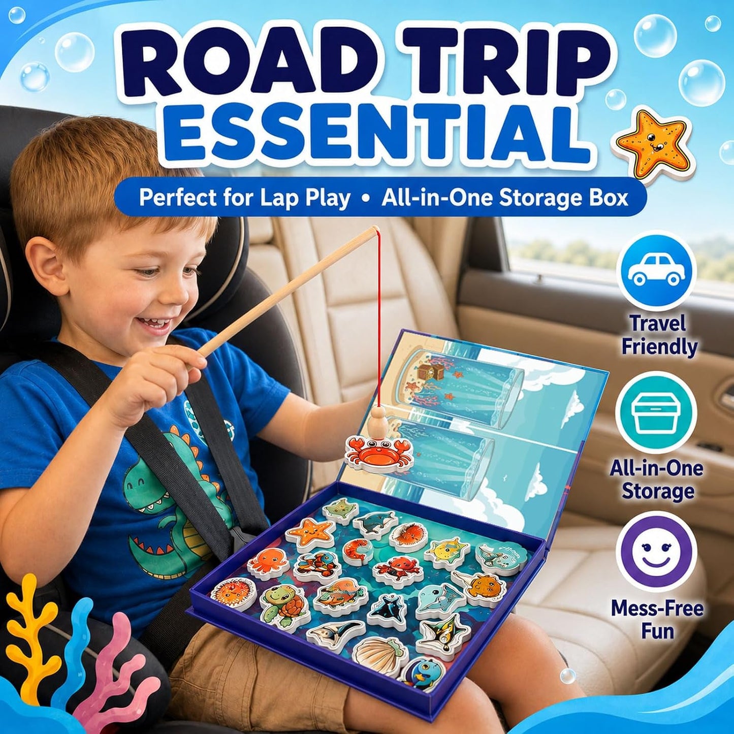 TRAVOFUN Magnetic Fishing Game Book for Kids Ages 3-8, Travel Toys for Toddlers 3-5, Road Trip and Airplane Activities, Quiet Portable Car Ride Toy with 2 Poles and 27 Ocean Fish
