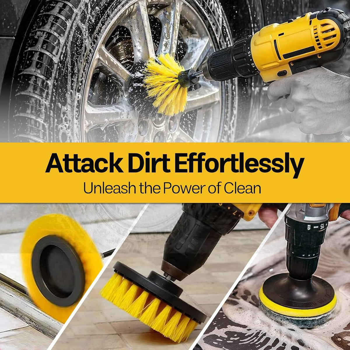 Drill Brush Cleaning Solution Kit - 7 Brushes + 1 Scrub Pad, Power Scrubber for Bathroom, Kitchen, Tiles & Car Cleaning