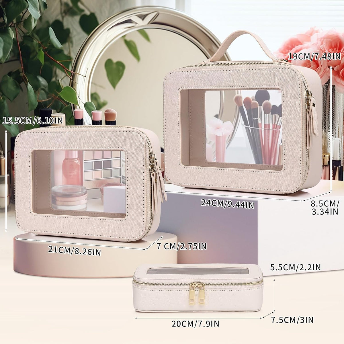 Pinkmik Clear Makeup Bag, (Beige, L+M+SLIM)