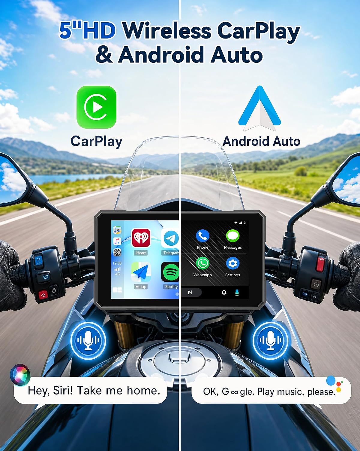 UNITOPSCI 5'' Motorcycle CarPlay Screen, Motorcycle with Dual 1080P Dash Cam, Supports Wireless A-pple CarPlay Android Auto Screen with GPS Navigation Moto Bluetooth IP67 Waterproof