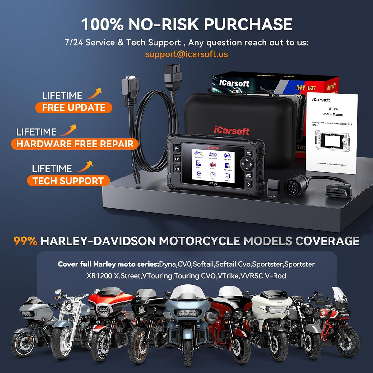 iCarsoft MT V6 Motorcycle Diagnostic Scan Tool for Harley, 57 Reset Services, 43 Actuation Test, Battery Test, All Motorbike System Diagnose, Read/Clear Codes, Live Data,Also Car OBD2 Diagnose