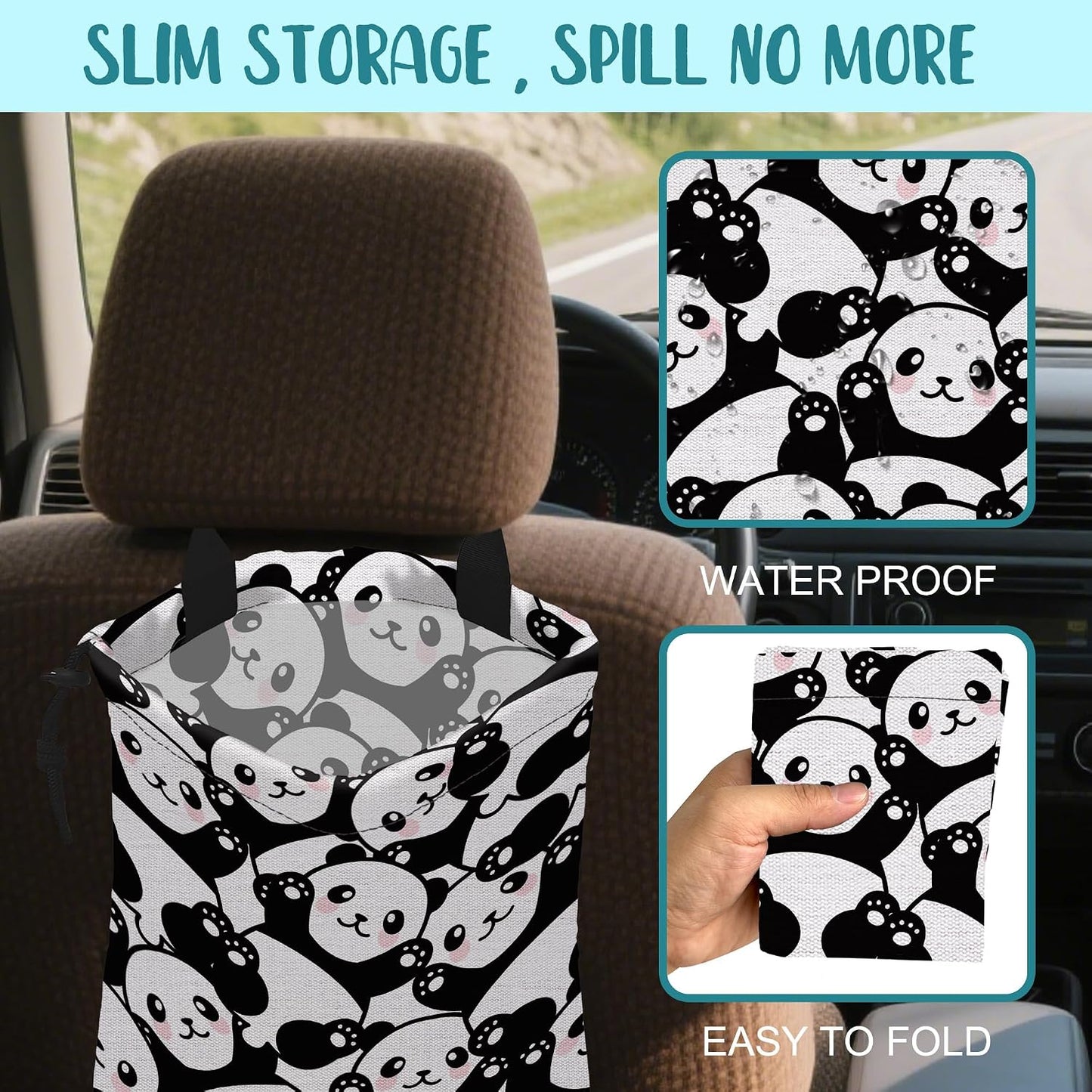 Car Garbage Bag Cute Black Panda Drawstring Car Trash Bag Hanging for Back Seat with Adjustable Buckle Canvas Vehicle Trash Can Easy-to-Install
