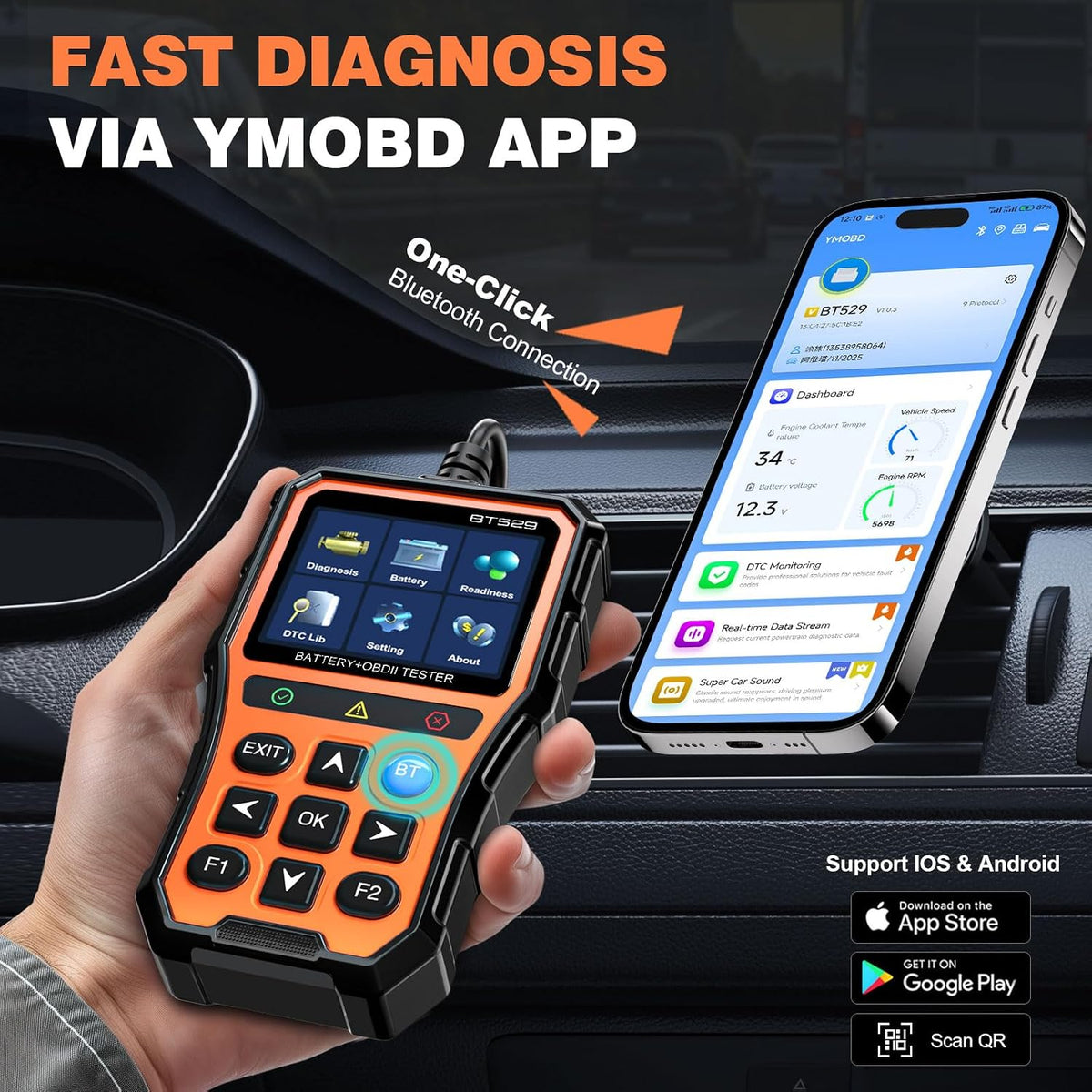 BT529 Bluetooth OBD2 Scanner & Car Battery Tester, 2-in-1 Diagnostic Tool