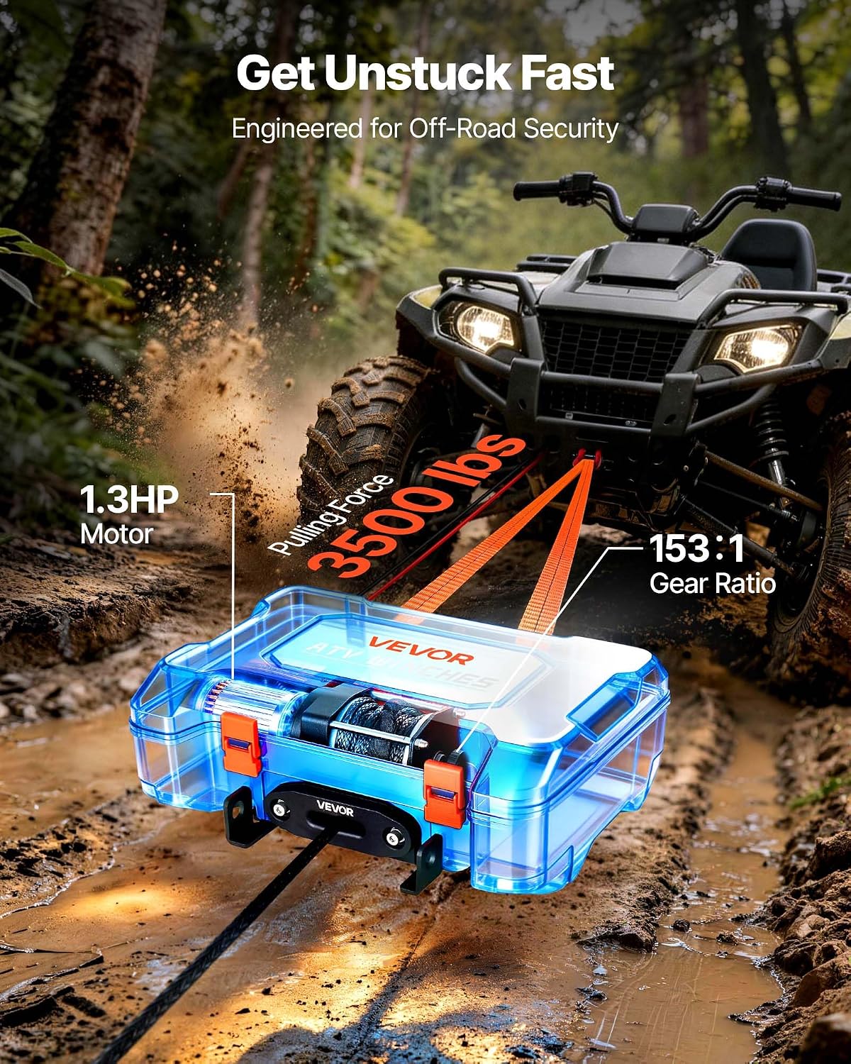 VEVOR Portable Winch, 3500 lbs 12V DC Electric Winch with Synthetic Rope, Wireless & Wired Remotes, Box-Style Recovery Kit with Fairlead, Clevis Hook, Strap for ATV UTV Off-Road Outdoor Pulling Tasks