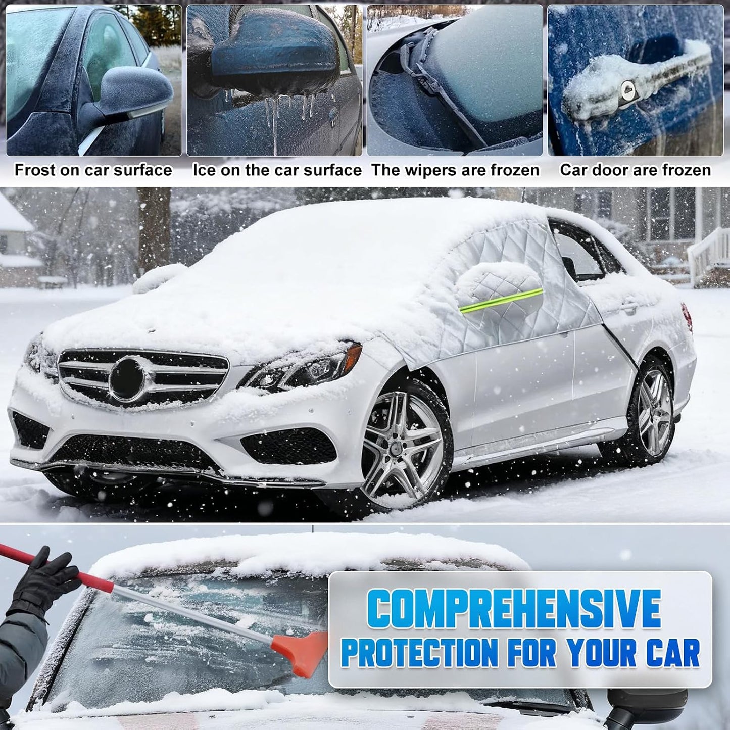 6 Layers Windshield Snow Cover Universal Midsize Sedan/Compact SUV Protection Hail & Snow Shield | Scratch-Free Hooks + Reflective Strips + Mirror Covers