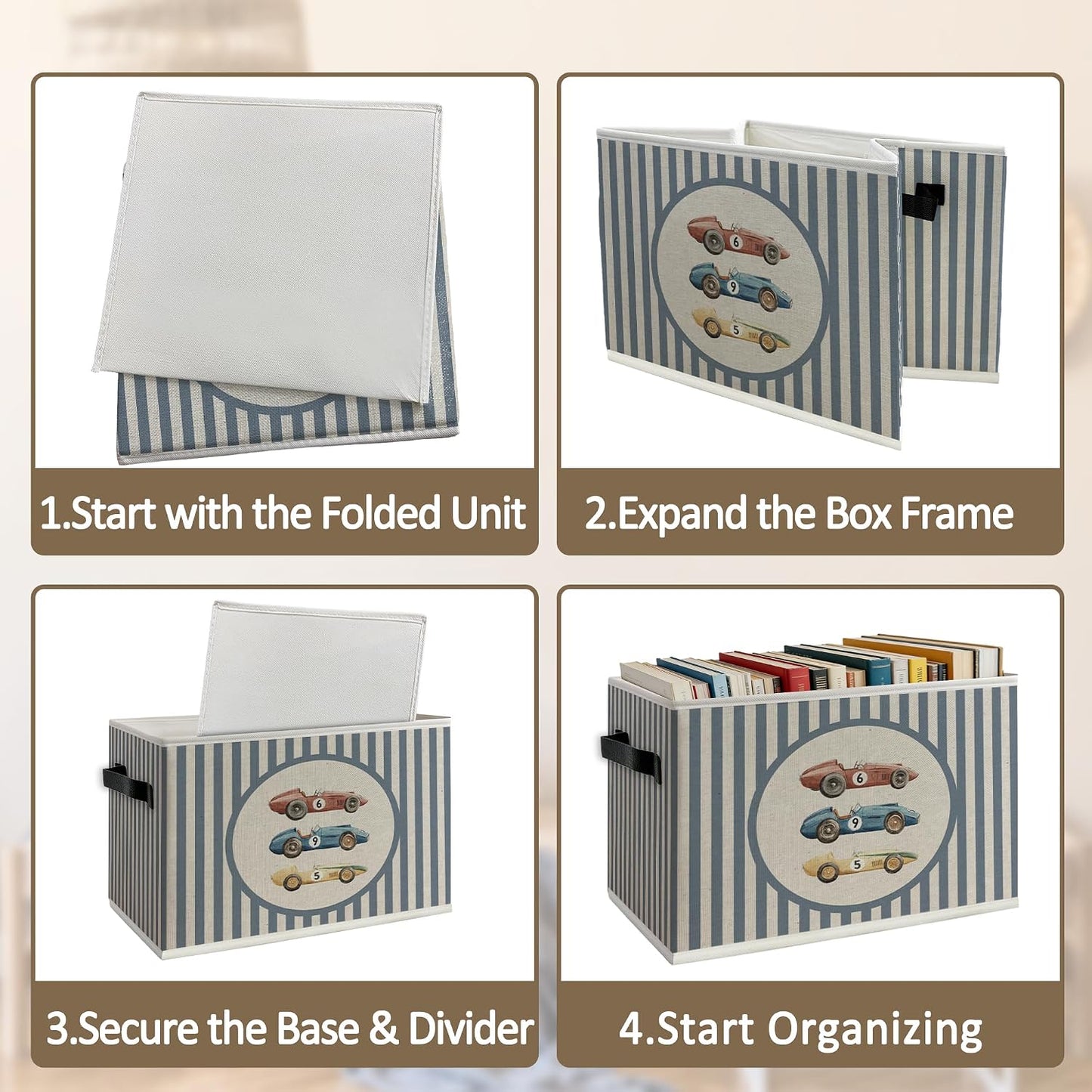 Vintage Race Car Boy Foldable Storage Bins Box with Handles, Kids Room Decor for Boys, Striped Car Vehicle Collapsible Organizer Basket for Kids Nursery Room Bedroom Playroom Toys Books