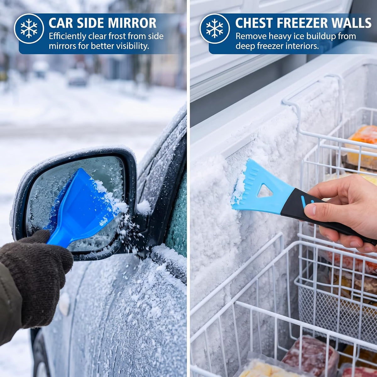 5 Pack Plastic Ice Scraper Combo Set, 3 Sizes Car Windshield Snow Remover + 1 Blue Large Ice Shovel + 1 Small White Freezer Defrost Shovel for Auto, Fridge & Household Cleaning