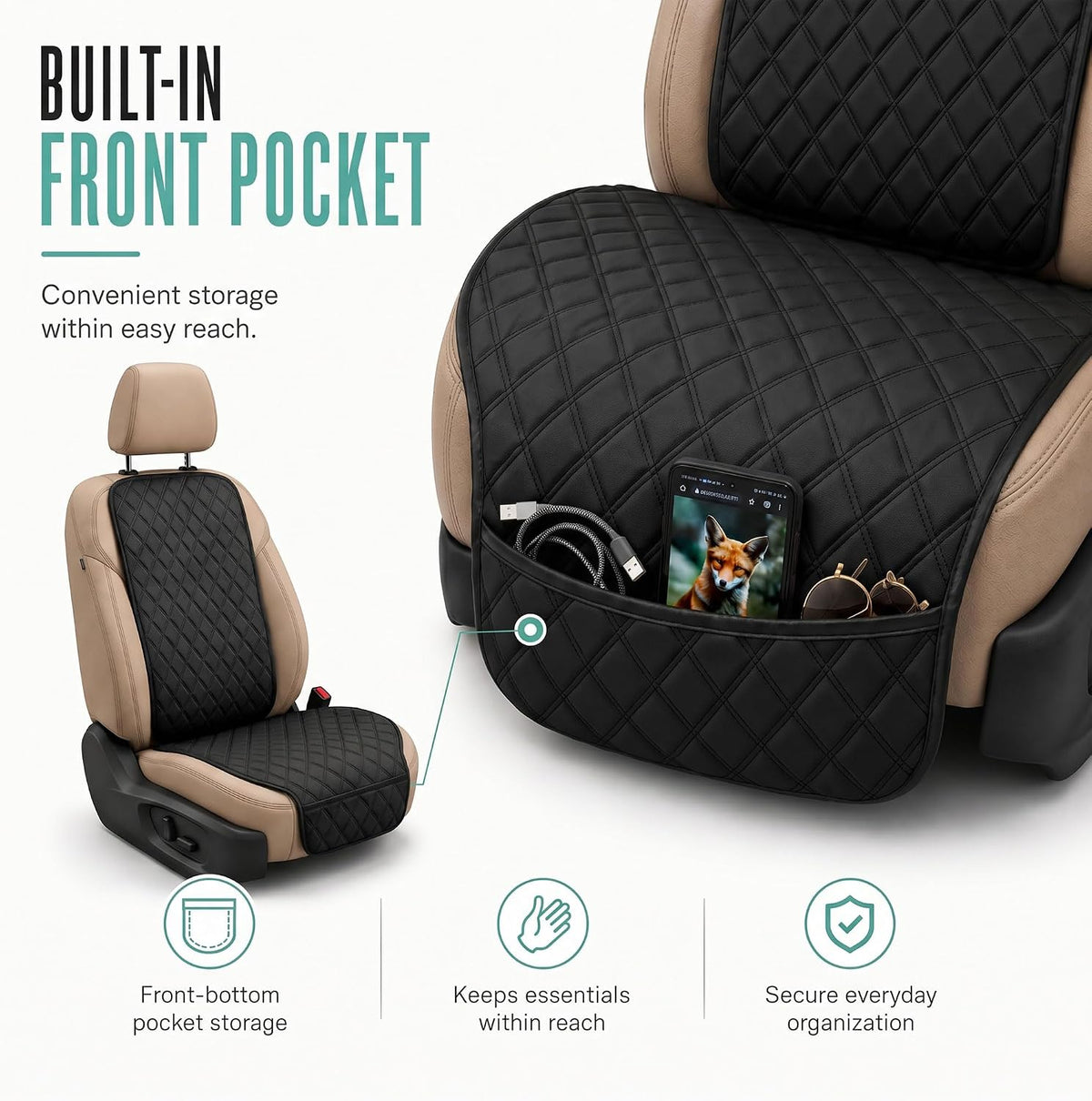 FH Group Car Seat Cushion – Neosupreme Single Front Seat Cover with Front Pockets, Airbag Compatible, Universal Fit Car Seat Cushion for Driver or Passenger Seat, SUV, Truck, Sedan & Van – Black