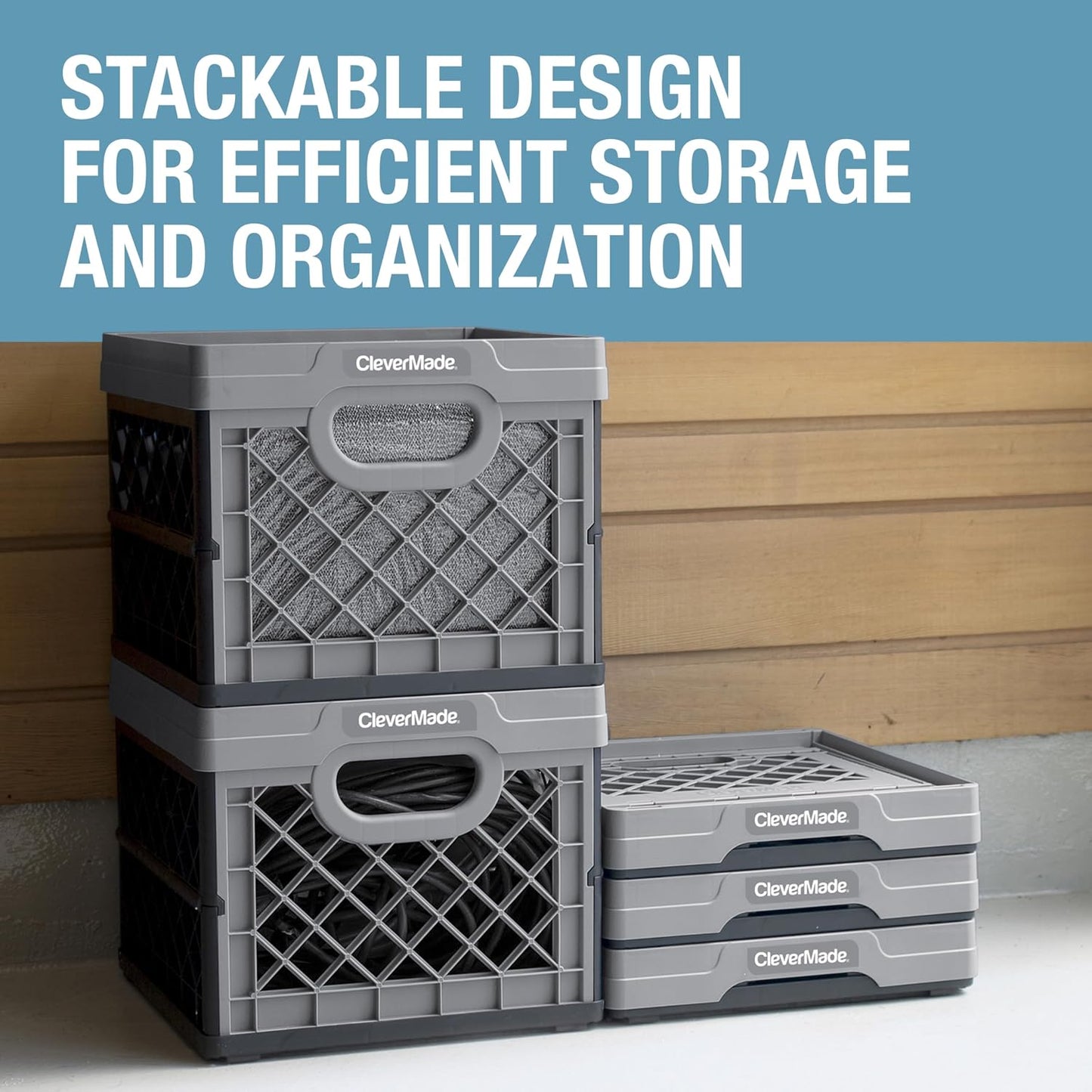 CleverMade Heavy Duty Collapsible Milk Crate, 25L, 3 Pack, 50 lb, Stone | Stackable plastic storage crate with file rails for hanging folders and organizes garages, classrooms, offices and car trunks