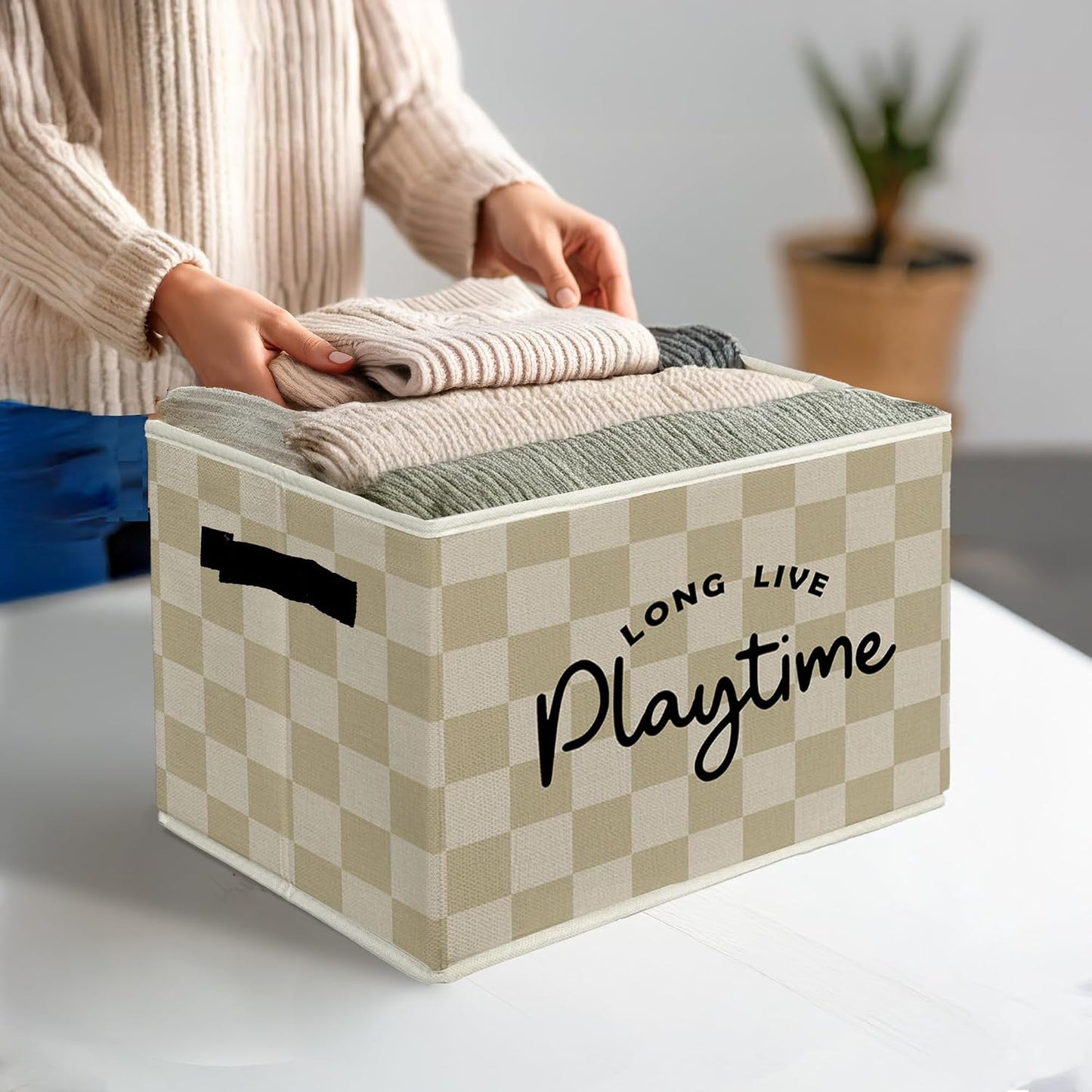 Kids Playroom Storage Bins & Boxes with Handles, Long Live Playtime Foldable Basket for Organizing, Neutral Checkered Collapsible Storage Basket for Bedroom Bathroom Playroom Clothes Toys Books