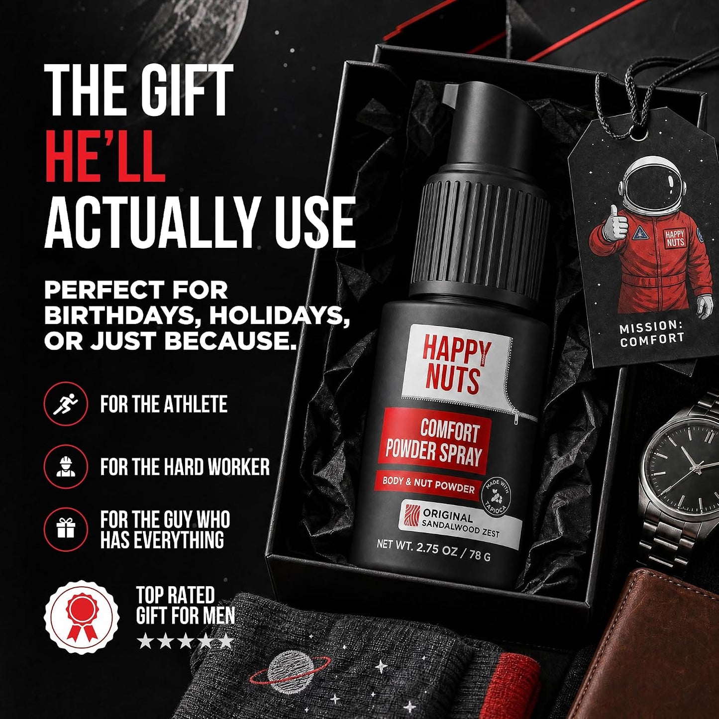 HAPPY NUTS Comfort Powder Spray: Anti Chafing & Mens Deodorant, Aluminum-Free, Sweat and Odor Control for Jock Itch, Groin and Men's Private Parts