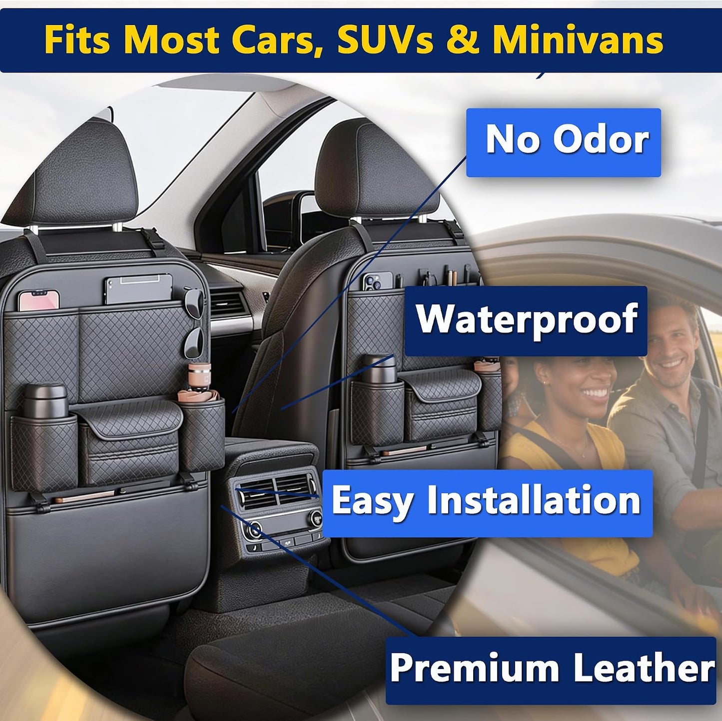 2-Pack Backseat Car Organizers with Hooks - Hanging Car Seat Back Organizers for Toys, Tablets, Books & Tissues - Hanging Car Back of Seat Storage Bags for Kids Toddlers, Black Leather Car Kick Mats