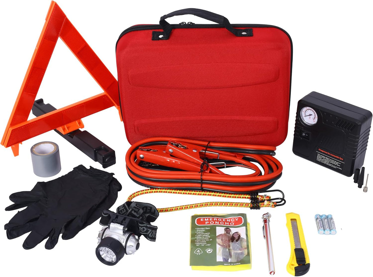 Auto Safety Emergency Kit with Portable Air Compressor - Comprehensive Roadside Assistance Tools, 7LED Headlight, Reflective Warning Triangle, First Aid Kit and More - Essential for Cars and Trucks