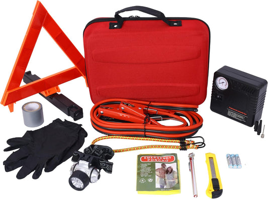 Auto Safety Emergency Kit with Portable Air Compressor - Comprehensive Roadside Assistance Tools, 7LED Headlight, Reflective Warning Triangle, First Aid Kit and More - Essential for Cars and Trucks