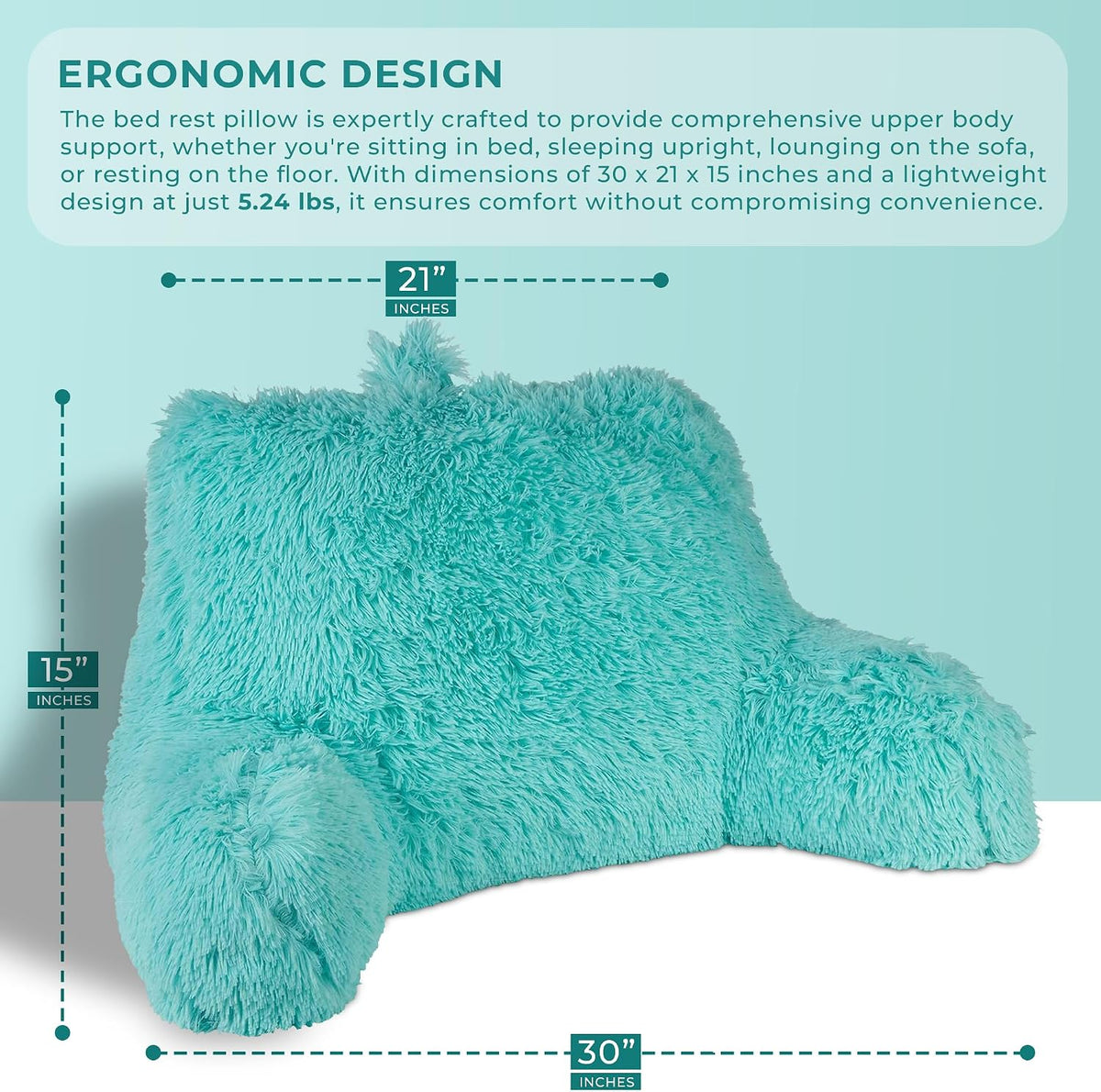 Klear Vu Shaggy Reading Pillow Back Rest Body Pillow for Adults and Kids, Lumbar and Arm Support on Bed, Chair, Couch, Sofa and Floor, 30" x 21", One Size, Aqua