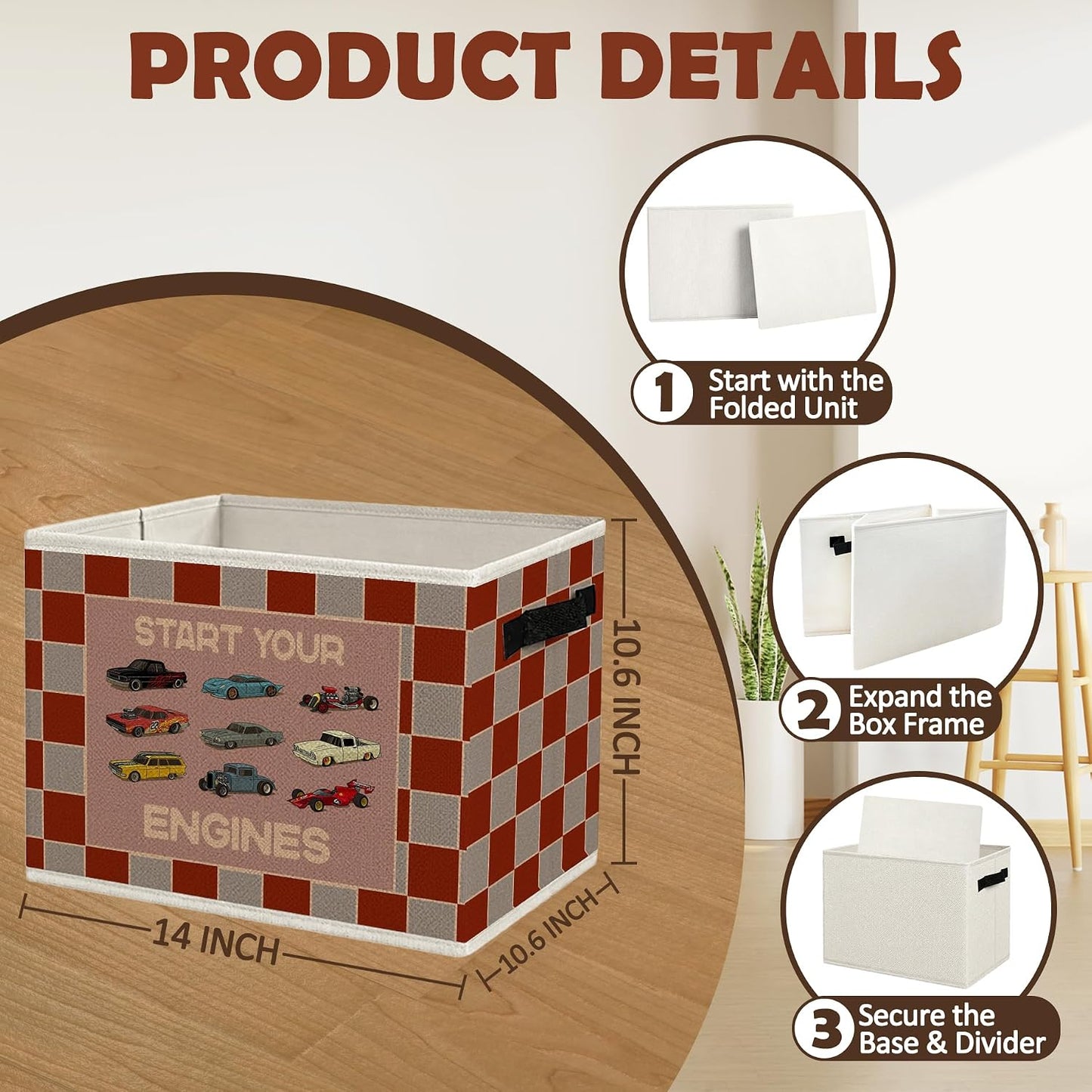 Vintage Race Car Boy Nursery Storage Bins with Handles | Start Your Engines Vehicle Red Checkered Foldable Collapsible Storage Basket Organizer for Kids Nursery Bedroom Books Clothes
