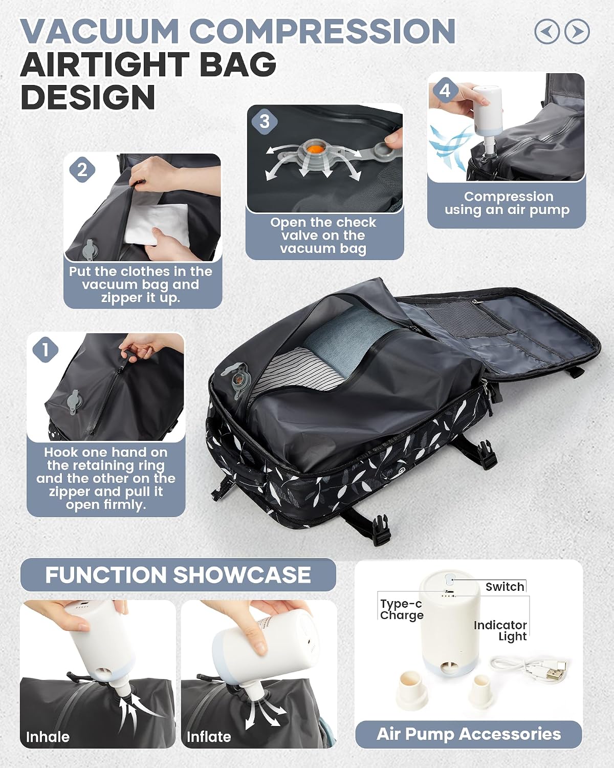 WONHOX Vacuum Seal Backpack for Travel with Air Pump Vacpack Carry on Flight Approved Compression Daypack Laptop Space Saver Bags Storage with Vacuum System 18x14x8 inches Travel Bag Women LeafBlack