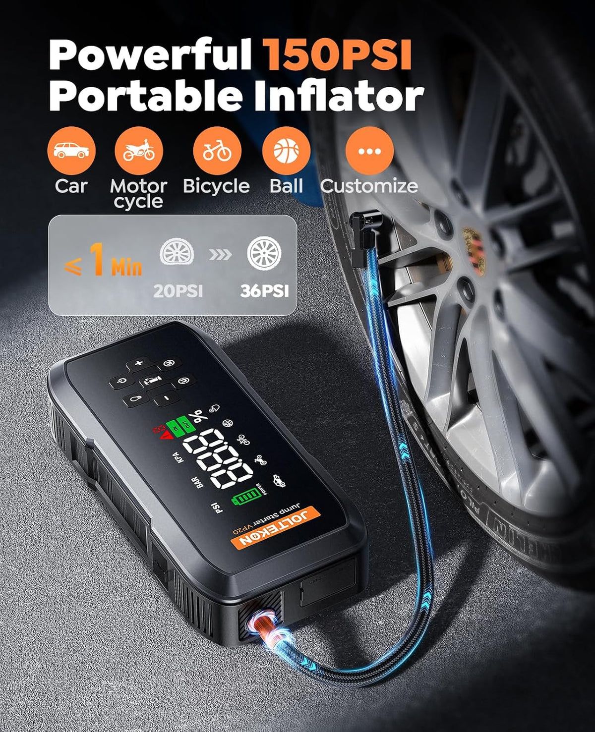 Car Battery Jump Starter with Air Compressor, 5000A Powerful Battery Jumper Starter Portable with 150PSI Auto-Pause Pump, 12V Jump Box for Car Battery with 10-Safety Protection(9L Gas/8L Diesel)