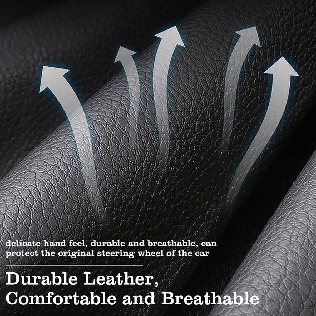 Car Leather Steering Wheel Cover - Panapi Material, Universal 14.5-15 Inch Leather Anti-Slip Breathable Auto Steering Wheel Covers for Men Women (Embroidery-Blue)