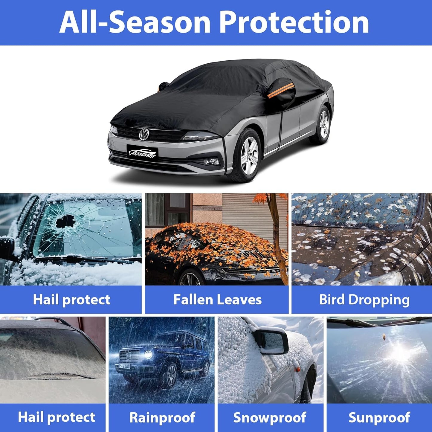 Half Car Cover Top, Hail Protector Car Cover with Cotton Liner, Sunroof & Windshield Cover for Ice and Snow, All Weather Vehicle Body Cover for Sun, Rain, Dust