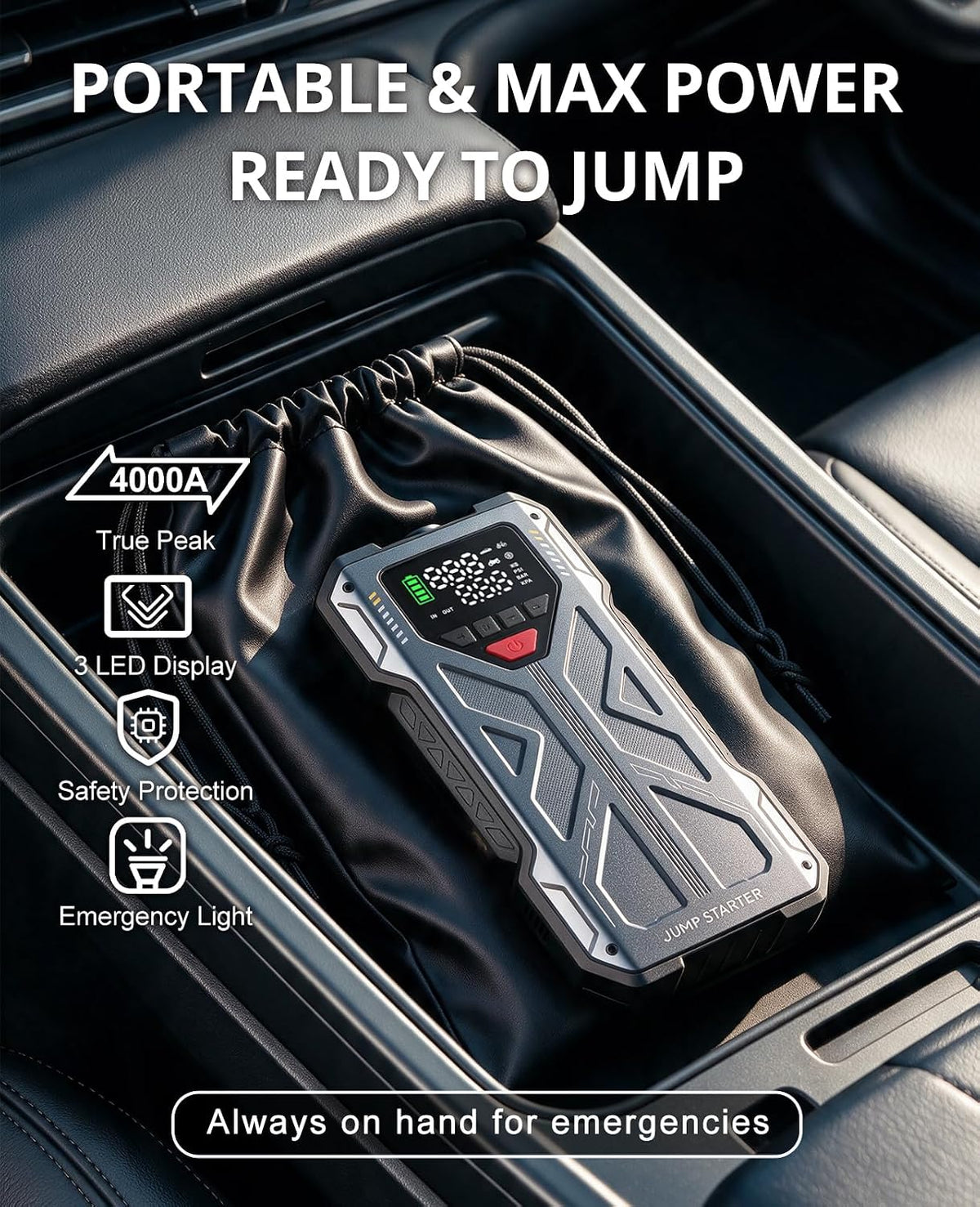 Jump Starter with Air Compressor, 4000A 12V Portable Car Jump Box, 150PSI Tire Inflator Battery Jumper Booster, Power Bank LED Flashlight, Car Emergency Kit for Vehicles (9.0L Gas / 8.0L Diesel)