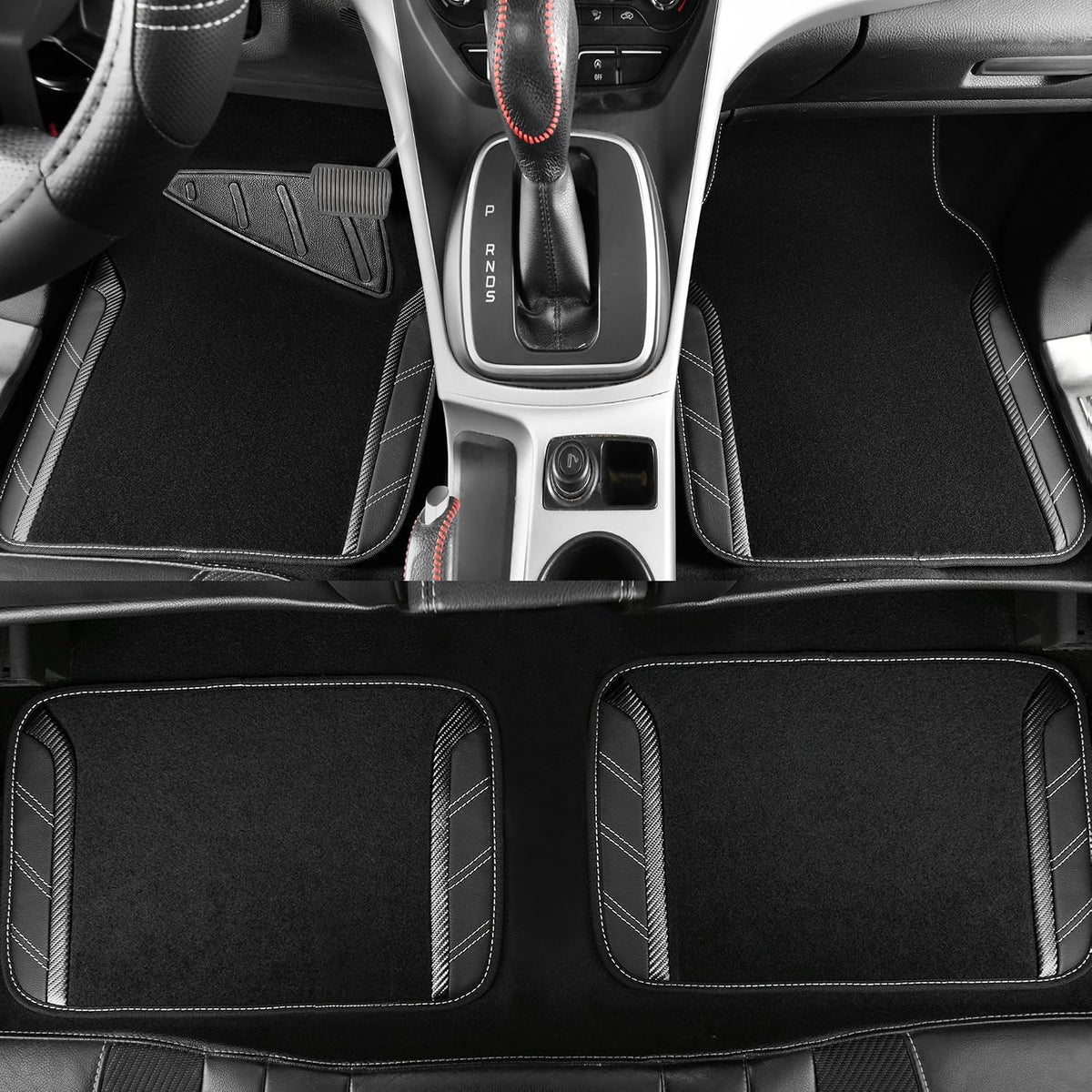 CAR PASS Leather Steering Wheel Cover and Waterproof Car Floor Mats,Microfiber Universal Car Combo Fit for 95% Sedan,SUV,Cars,14.5-15inch Sporty Anti-Slip Safety Comfortable Design(Carbon Fiber Black)