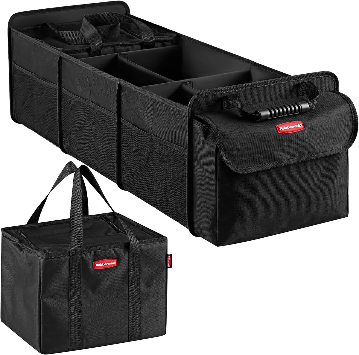 Rubbermaid Car Organizer, Collapsible Trunk Organizer with Removable Leakproof Cooler Bag without Lid, Multi-Compartment Car Storage Organization for Car Accessories, 5 Compartments Without Cover,