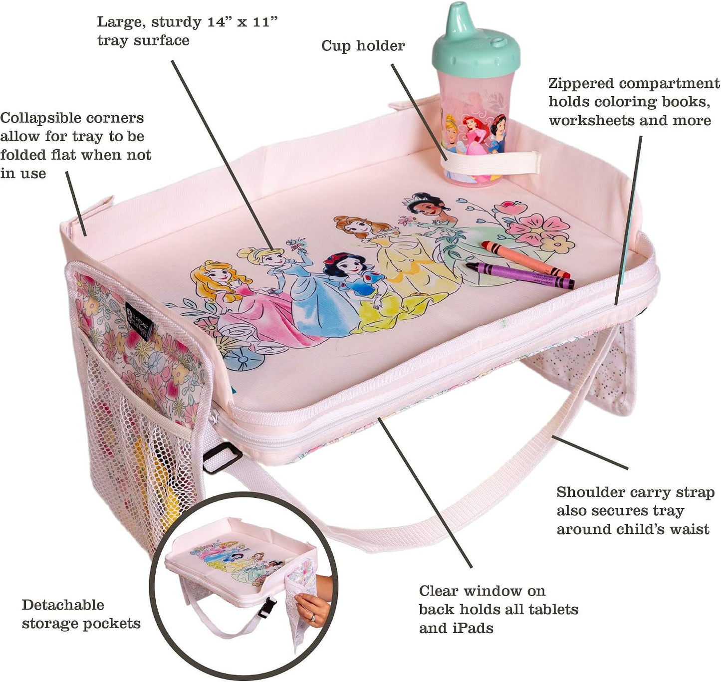 J.L. Childress Disney Baby 3-IN-1 Kids Travel Tray & Tablet Holder - Car Seat Lap Tray Desk for Toddlers, Road Trip Essentials, Car Seat Activity Table, Travel Accessories - Disney Princess