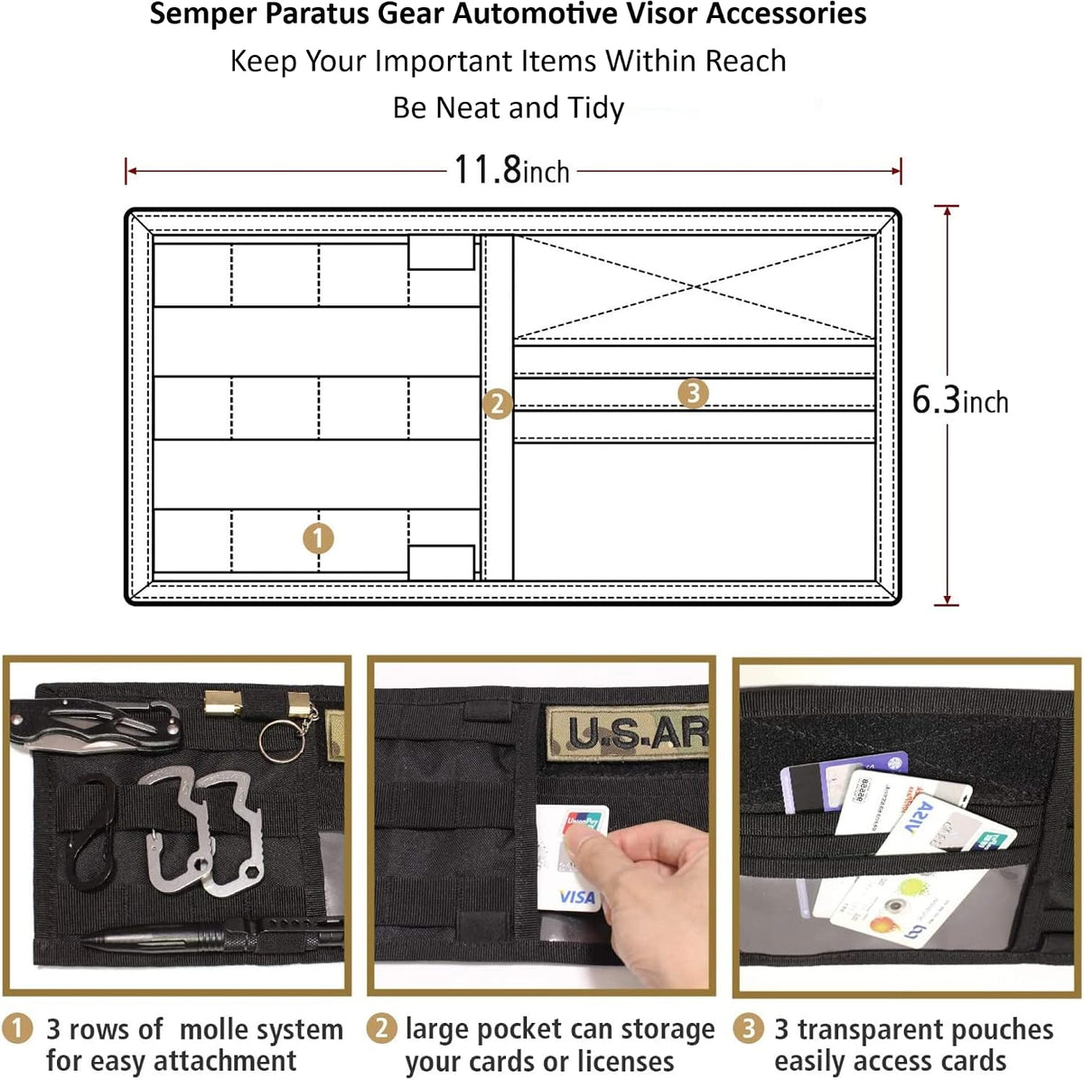 Car Sun Visor Organizer MOLLE Panel w/Multitools - Dad Gift, Black