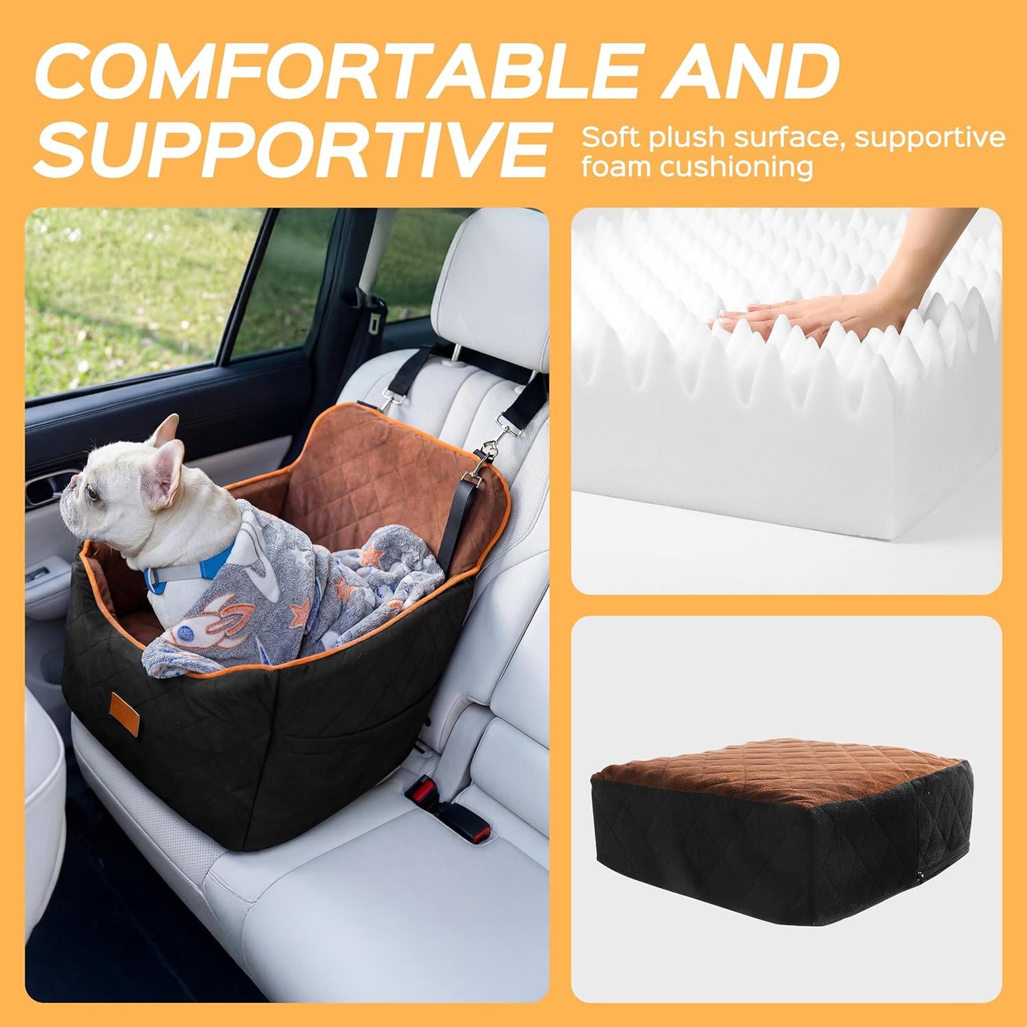 HiPetpy Dog Car Seat 6" Elevated Memory Foam Booster Seat for Small Medium Dogs Under 35 lbs with Pet Blanket, Washable Pet Car Seat with Safety Leash, Anti-Slip Base and Storage Pockets