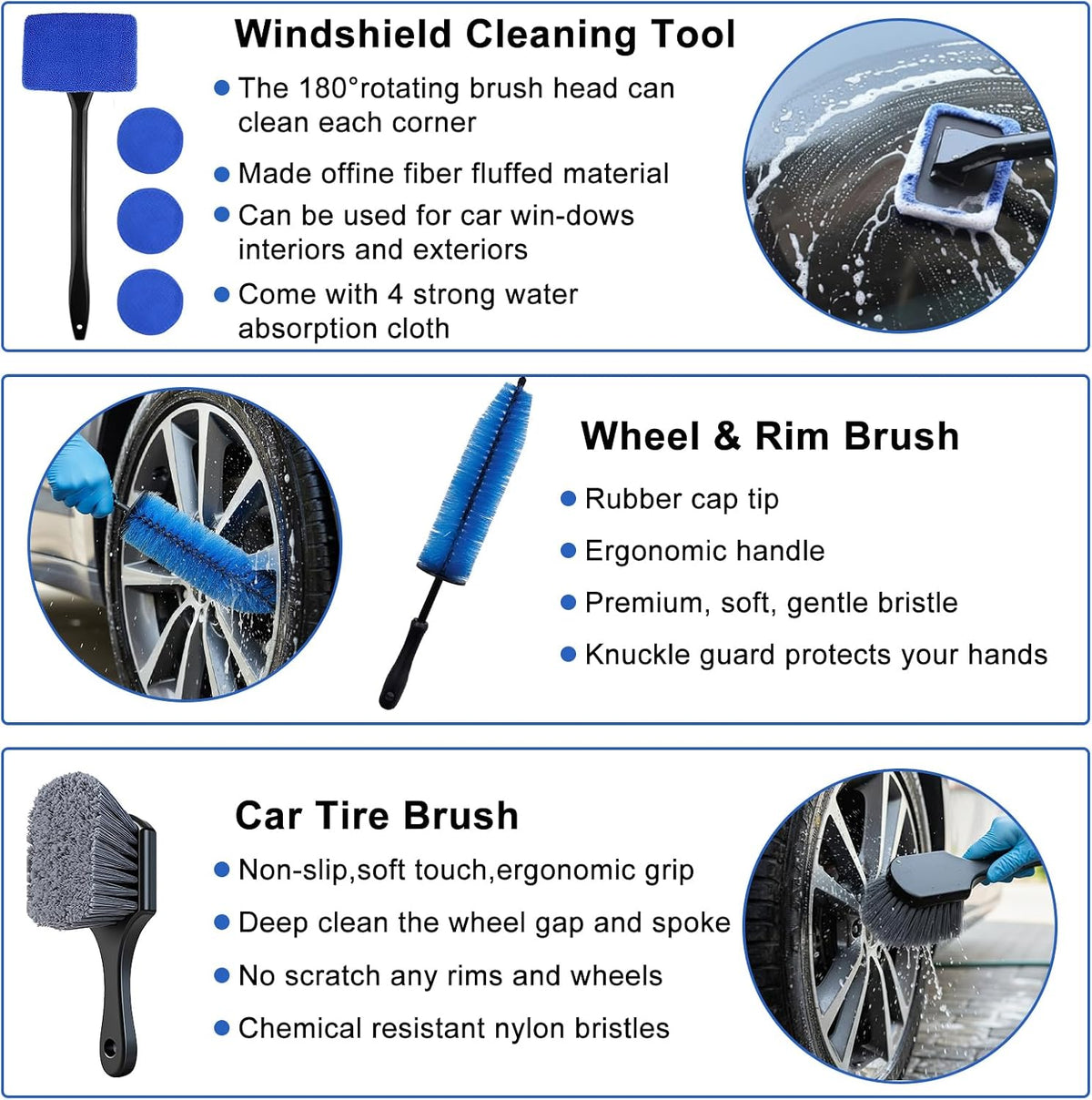 32-Piece Car Detailing Kit with Drill Brush Attachments & Polishing Pads – Professional Auto Detailing Brushes, Wheel & Tire Cleaning Tools with Storage Bag (Blue)