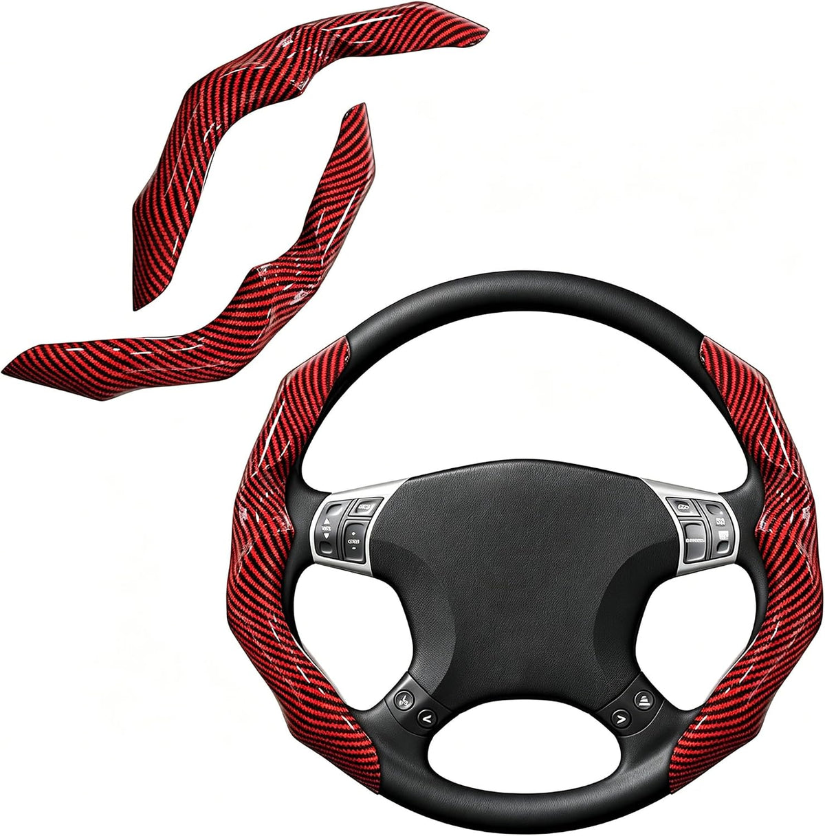 Carbon Fiber Steering Wheel Cover 2PCS Segmented Clip-on Protector (Red)