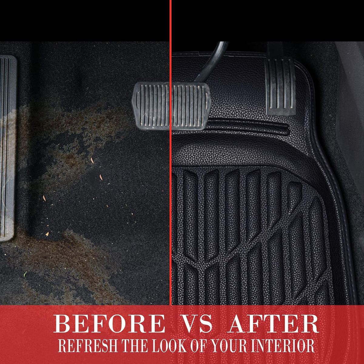 CAR PASS Leather Car Floor Mats -3D Waterproof All Weather Season, Universal Trim to Fit & Anti-Slip Burr Bottom Safety & Light Easy Clean Install for SUV Truck Auto & Durable Luxury (Black)