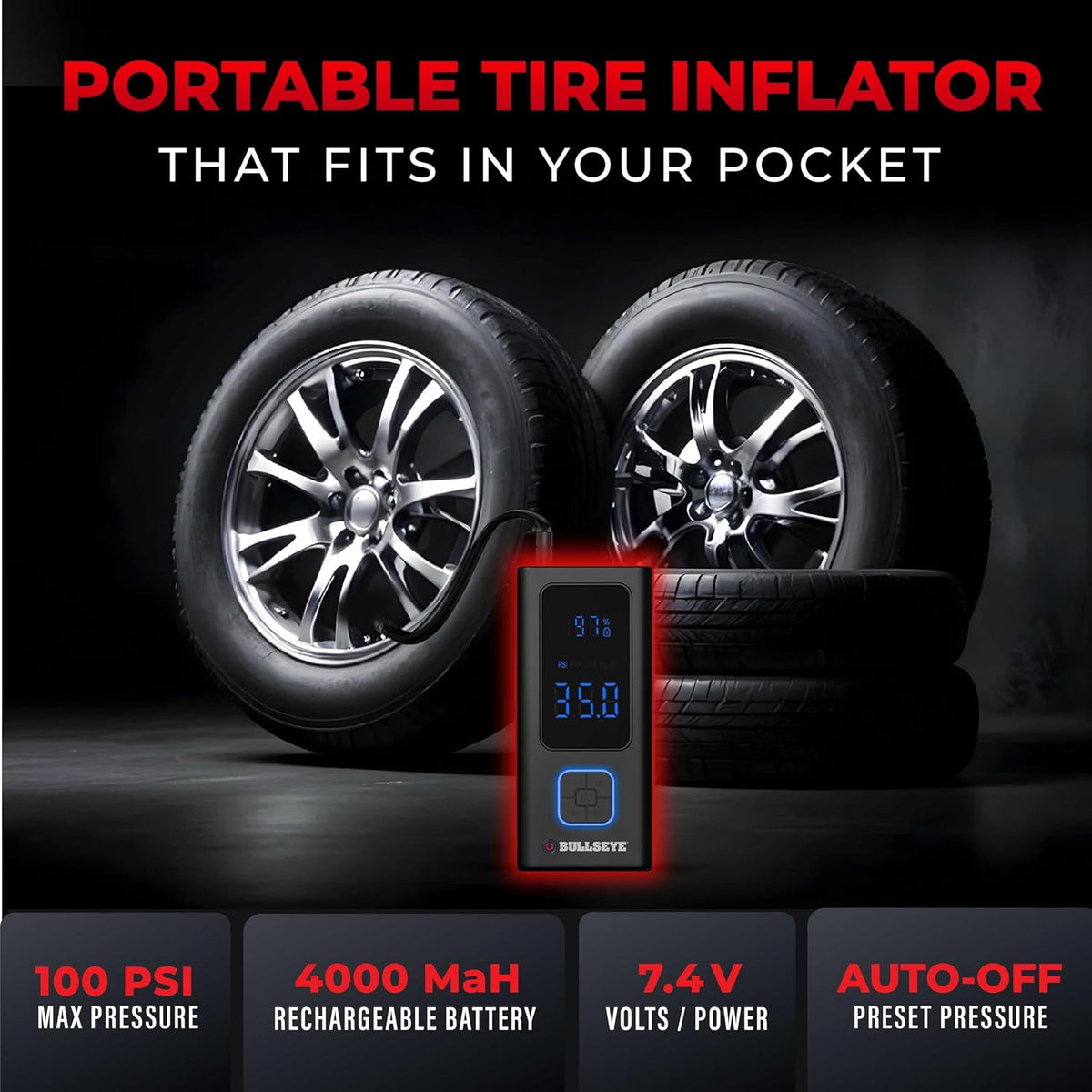 POCKET AIR Tire Inflator Portable Air Compressor by BULLSEYE for Tires, Balls, Bike with Persta Valve, Auto Shut Off, Inflates in 2 Min, Cordless Rechargeable 4000MAH,100 PSI, SoS Light