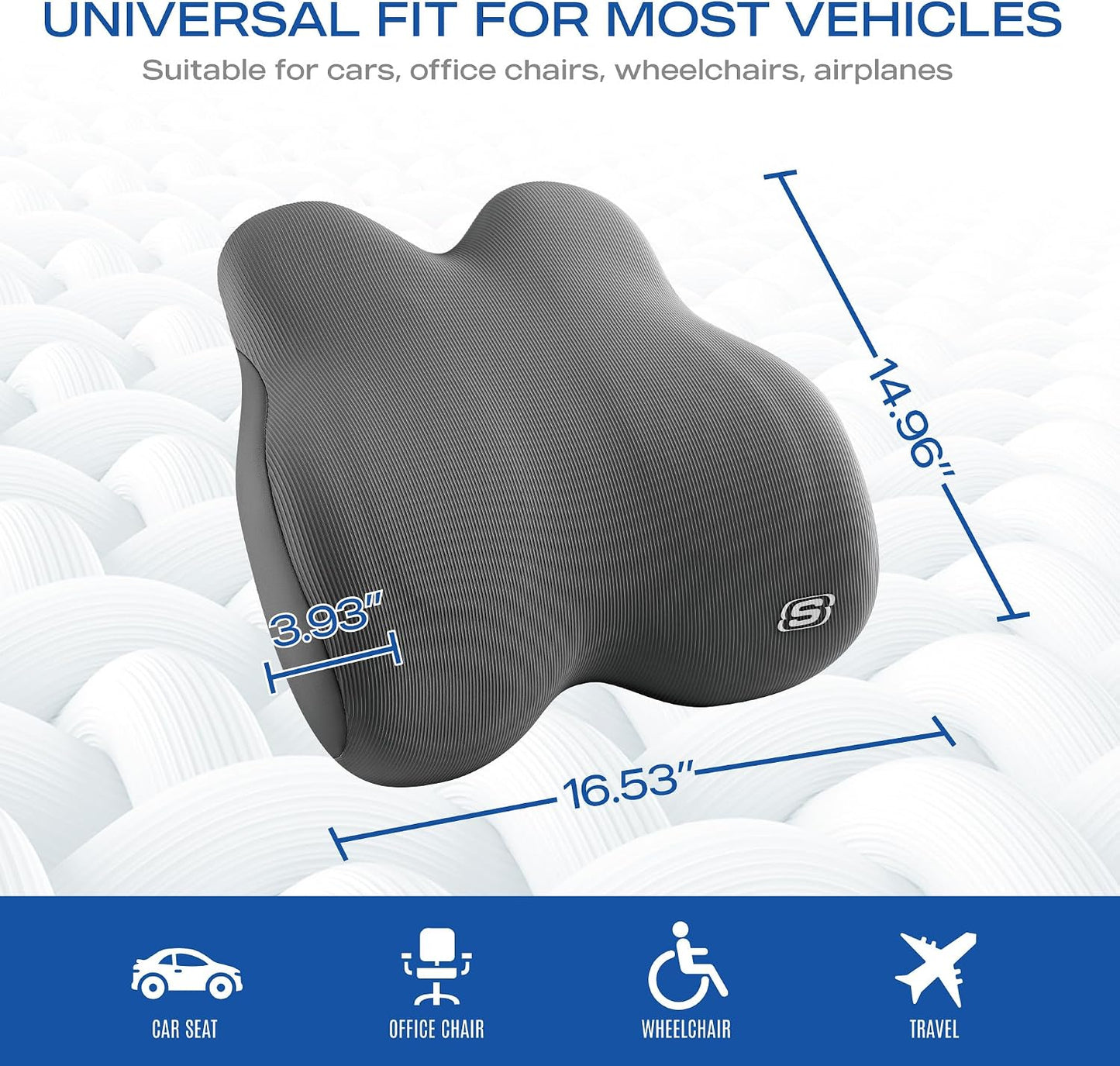 Skechers Memory Foam Lumbar Pillow,Lumbar Support Pillow for Office, Chair Lower Back Pain Relief Lumbar Pillow, Ergonomic Design Back Support Pillow for Office Chair, Car, Home, Travel,Gray