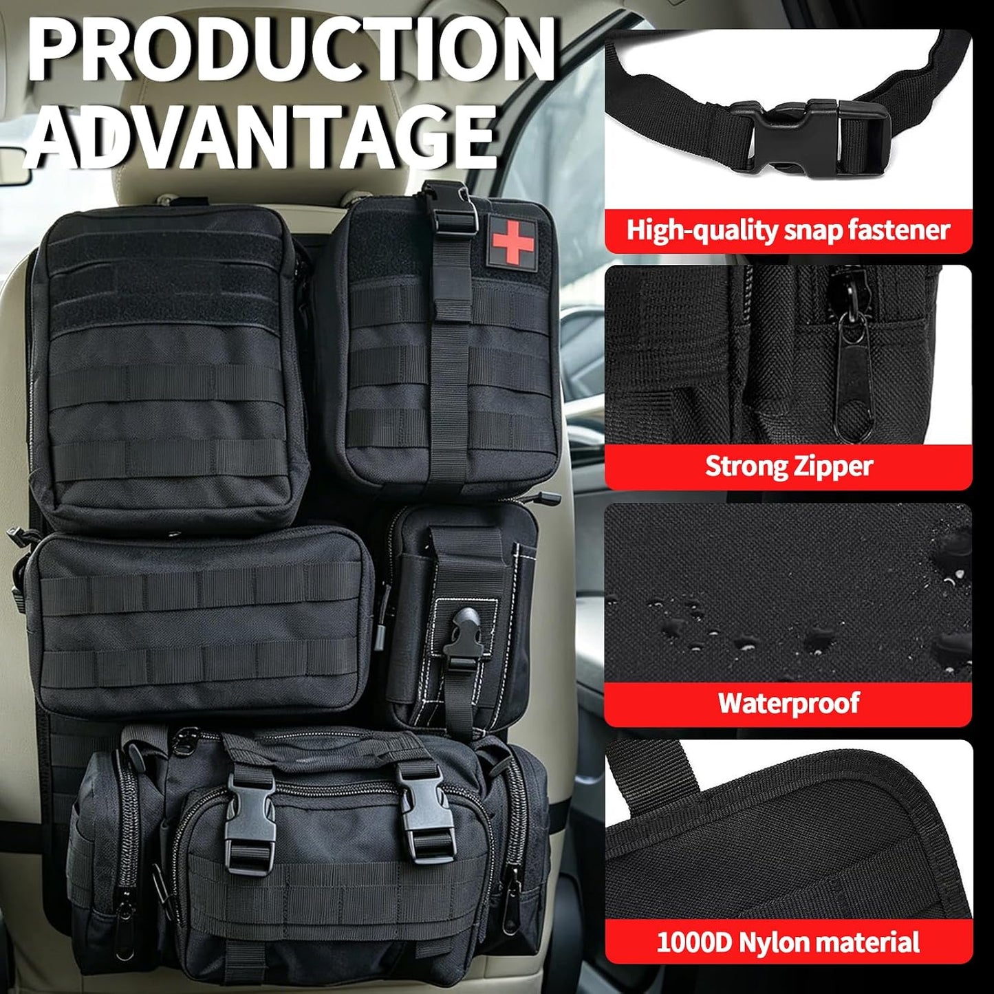 Tactical Car Seat Back Organizer with 5 Detachable Molle Pouches, 600D PU Waterproof Vehicle Seat Back Storage Bag, Universal Fit for Car, SUV, Truck, Pickup, Truck (Black)