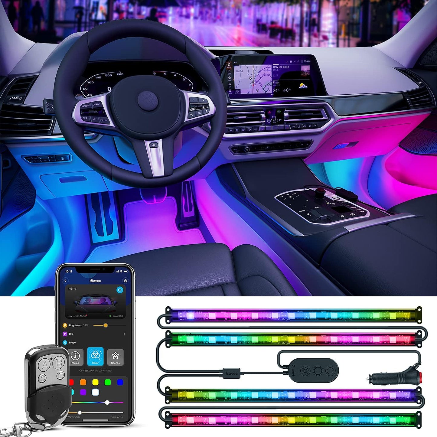 Govee Car Lights, RGBIC, Smart Interior Car Lights, APP&Remote Control | 72 LED Lights, for Decor, DIY Mode and Multiple Scene Options, 2 Lines Design