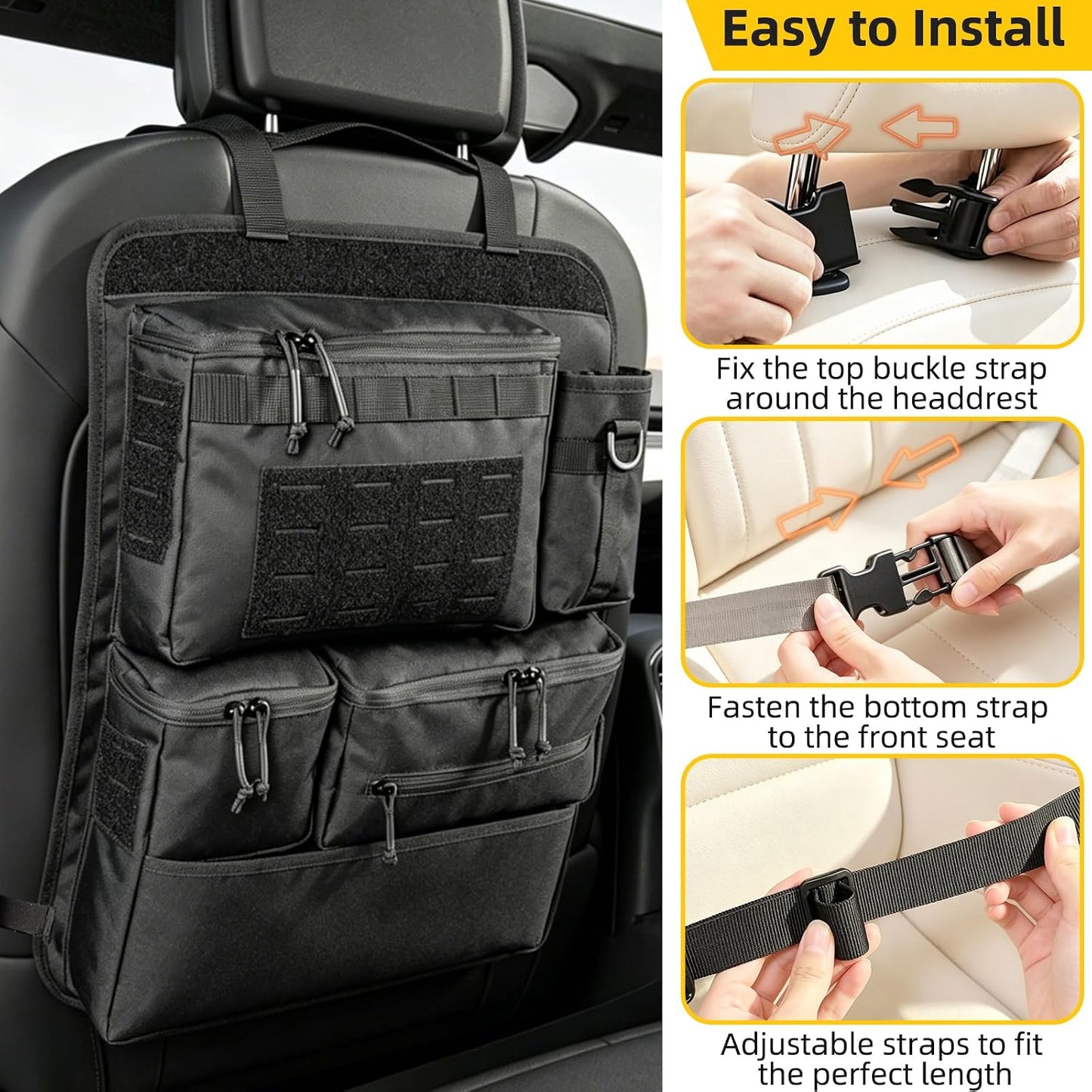 Tactical Seat Back Organizer With MOLLE Panel, Heavy Duty Car Back Seat Storage With Multiple Pockets And Hook And Loop Panel, For EDC Gear, Fits SUV Truck Jeep