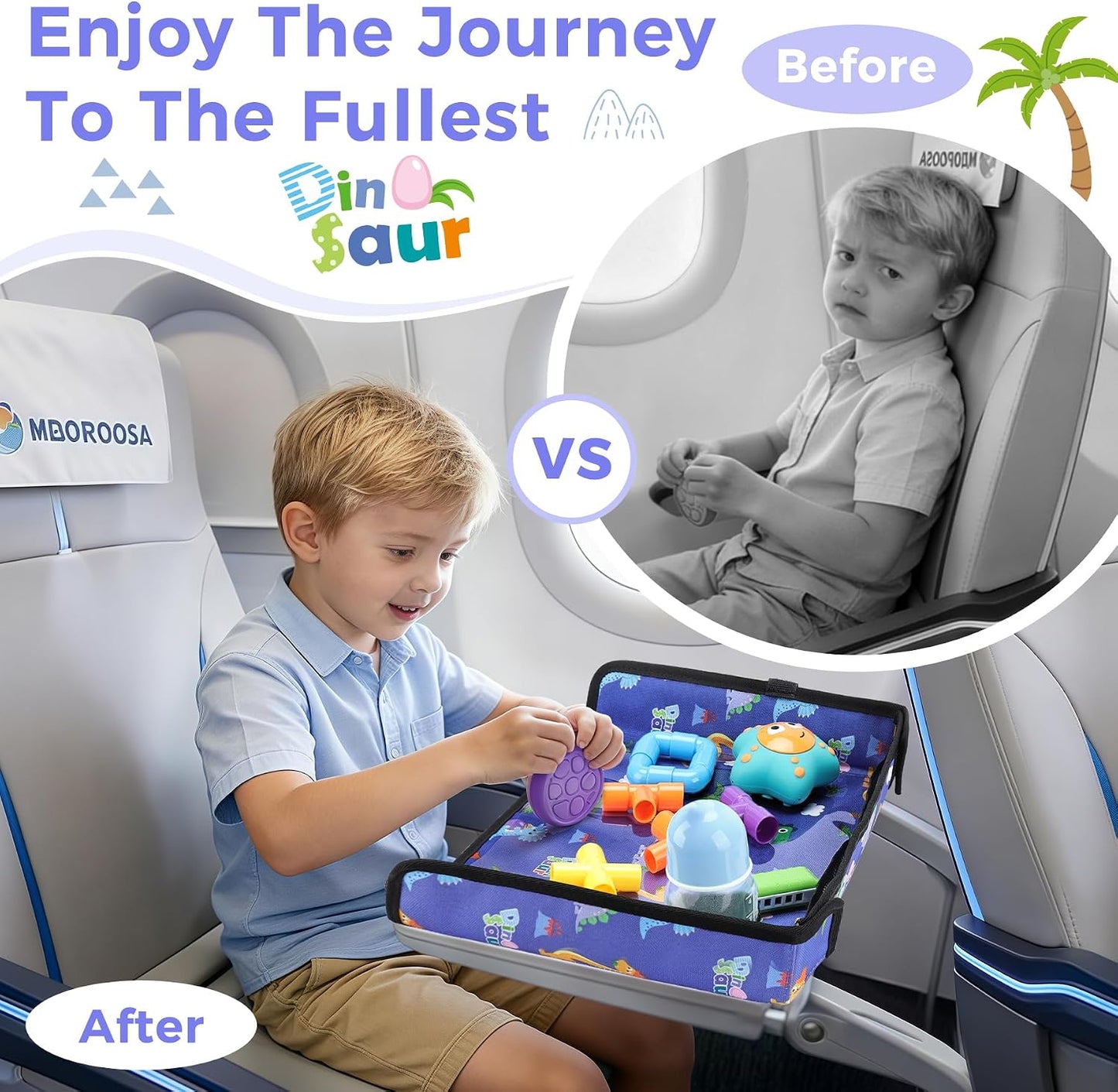 COOLBEBE Airplane Tray Table Cover, Foldable Travel Tray Cover for Toddlers 1-3, Universal Fit for Airplane, Car Seat, High Chair, Machine Washable, Portable, Blue Dinosaur