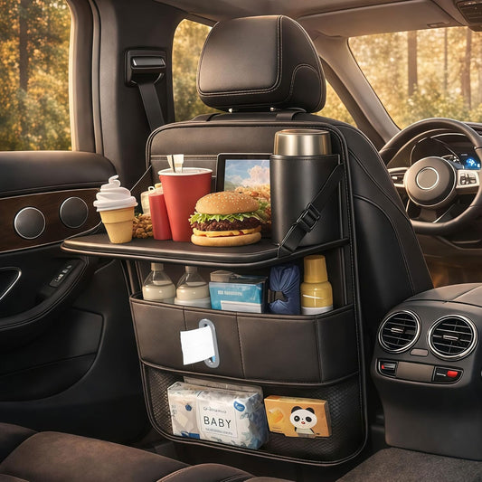 1 Pack Backseat Car Organizer, Large Capacity with Adjustable Foldable Table Tray, Waterproof PU Leather Back Seat Storage with Touch Screen Tablet Holder, Car Travel Essentials, Obsidian Black