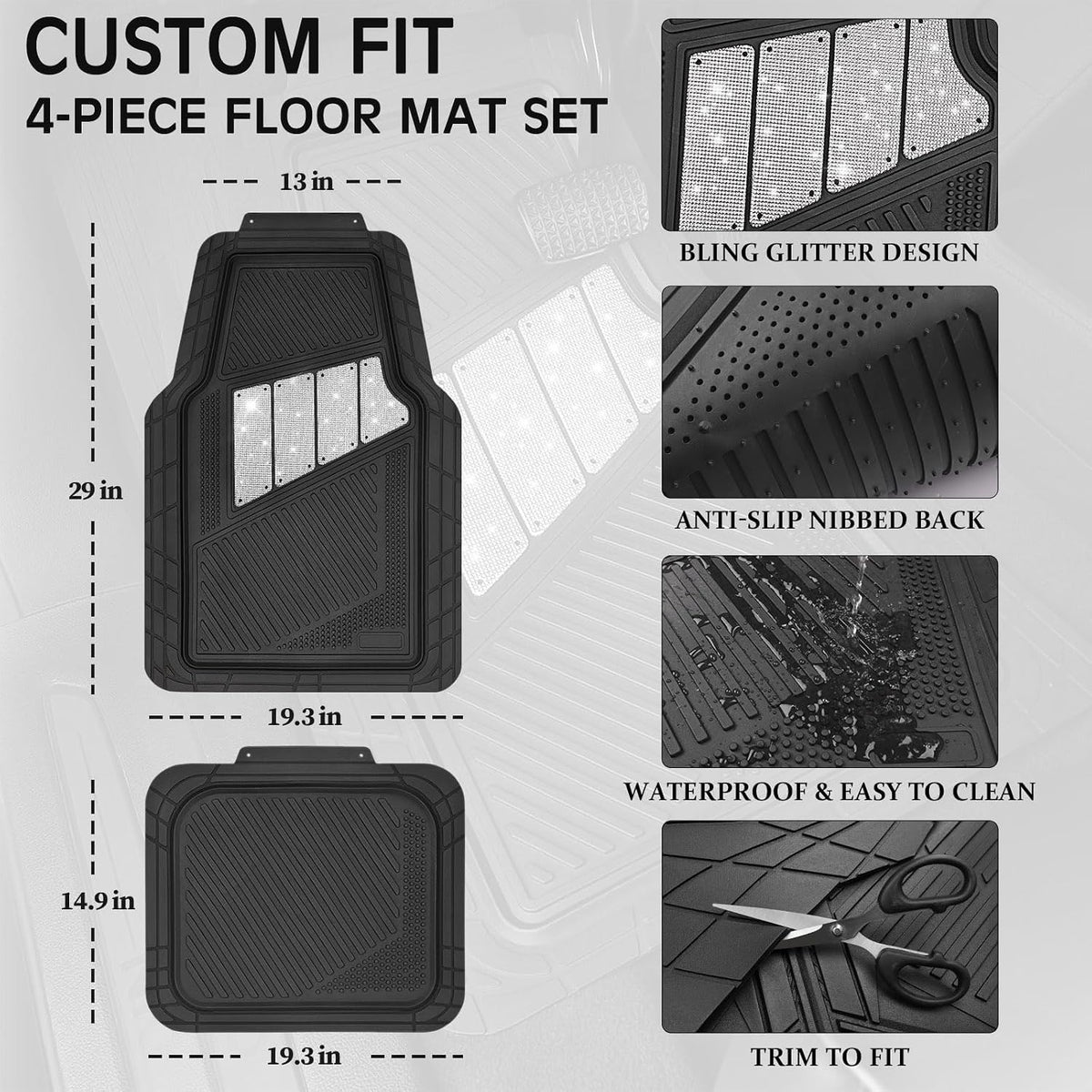 CAR PASS Heavy Duty Rubber Floor Mats 4-Piece Bling Car Mats Full Set - Universal Waterproof Floor Mats for SUV Truck, Durable All Weather Car Mats, Automotive Mats for Women Glitter Silver