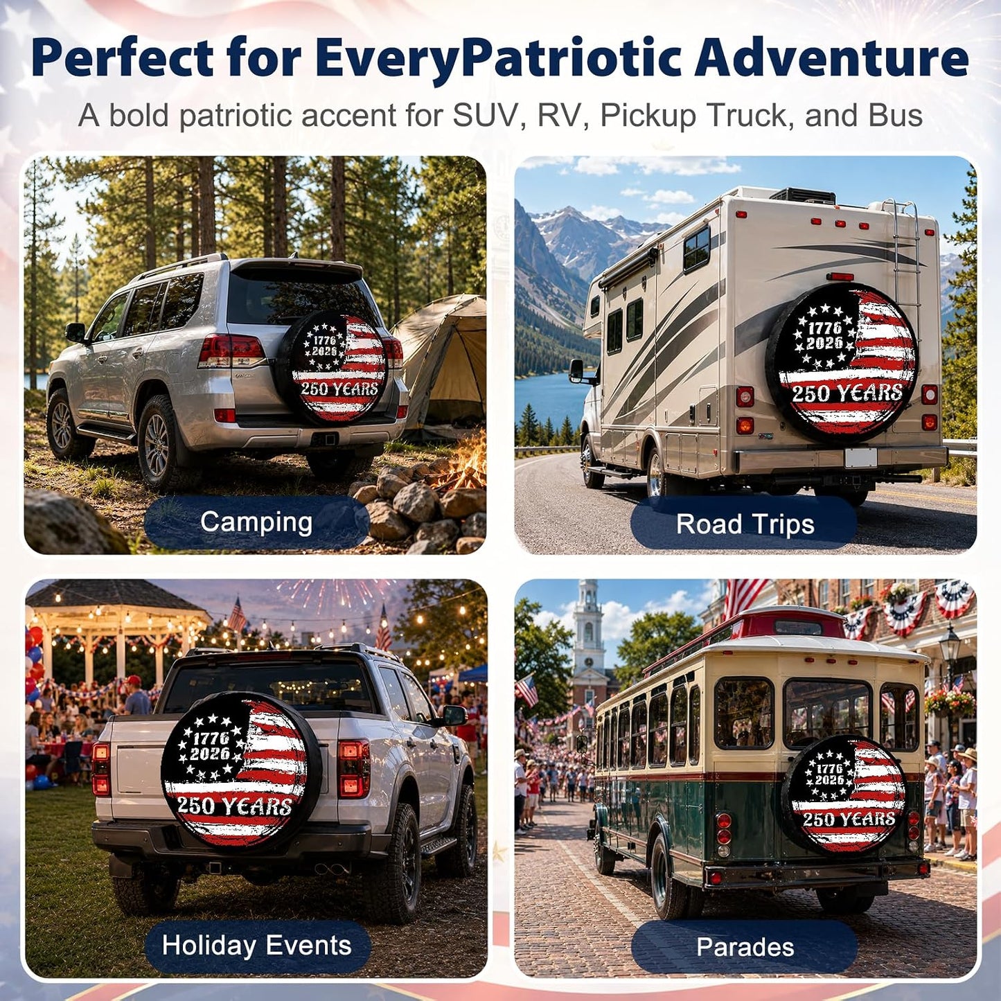 American Flag Spare Tire Cover 1776-2026 250 Years Vintage Patriotic Design, Weatherproof Dust-Proof Sun Protection Wheel Cover for Truck SUV RV Camper Trailer Outdoor Accessories