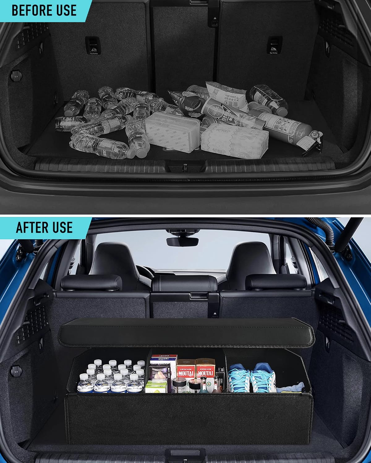 Fyzeoty Car Trunk Organizer for SUV and Sedan, Black, 29.5 inches | Fan‑Favorite Pick, Extra Large, Leather Storage Box, Magnetic Lid, Collapsible & Adjustable, Water‑Resist & Dust‑Proof