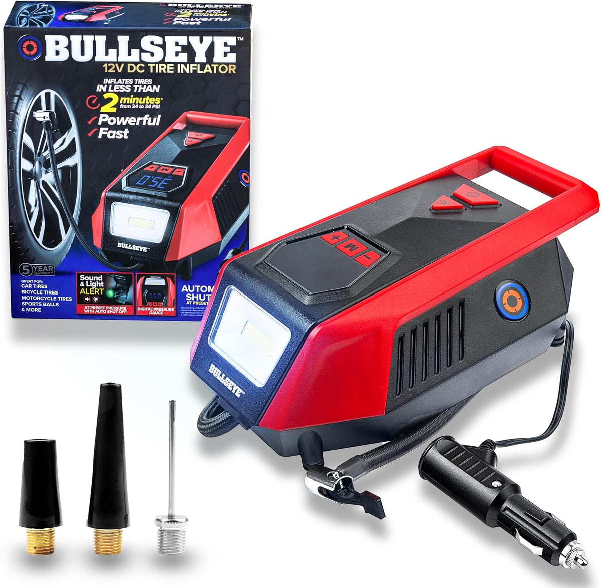 Bullseye 12V DC Car Tire Inflator Portable Air Compressor - Rapid 2 Minute Inflation, Auto Shut-Off, Max 150 PSI, Easy Cord Storage, Digital Pressure Gauge, LED Display (Royal Blue) - As Seen on TV