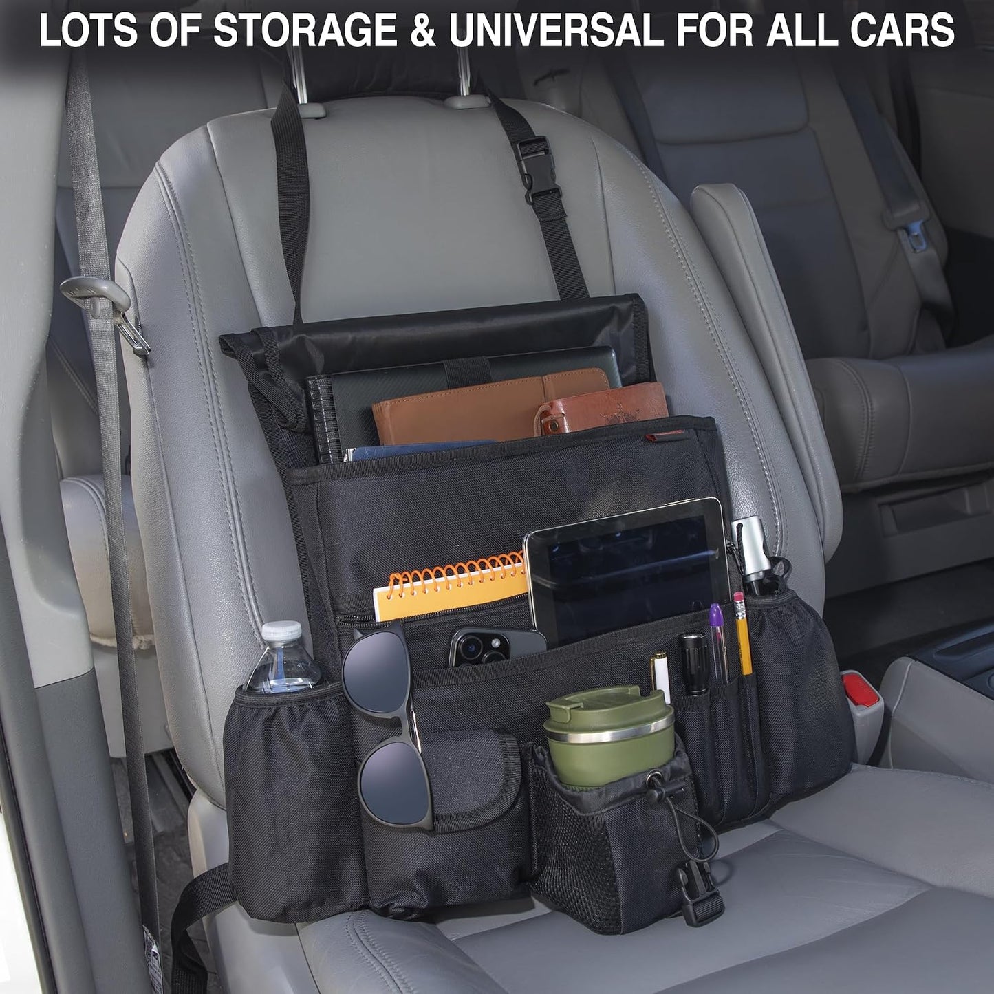 Front Seat Car Organizer with flap and buckle closure – Convertible into Shoulder Bag – Fits Front or Back of Seat – Heavy Duty Car Organizer for Rideshare and Truck drivers