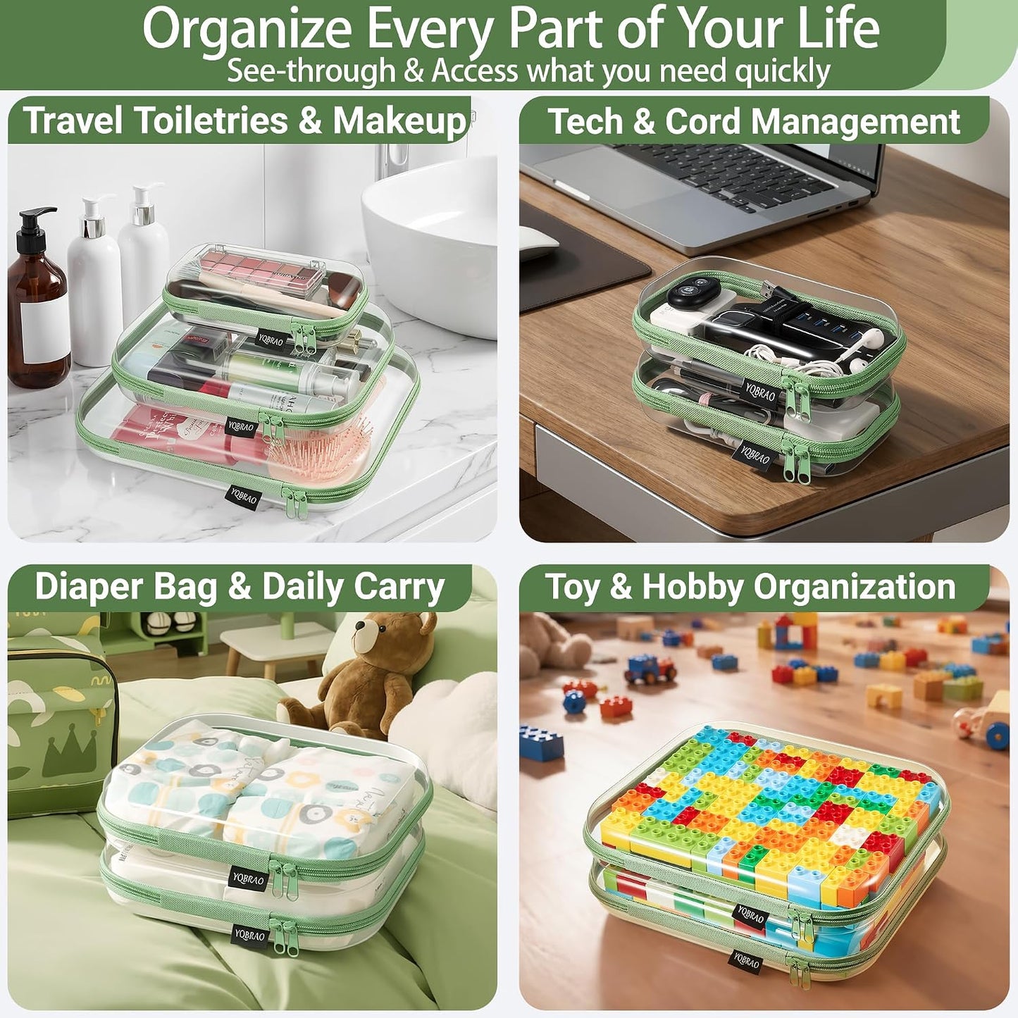 6 Pack Green Clear Hard Shell Beauty Organizer (2M+4S), 1.2mm Heavy Duty Crush-Proof Cosmetic Case, Reinforced YKK Zippers, Stadium Approved Security Bag for Skincare & Electronics, Multi-Size Set