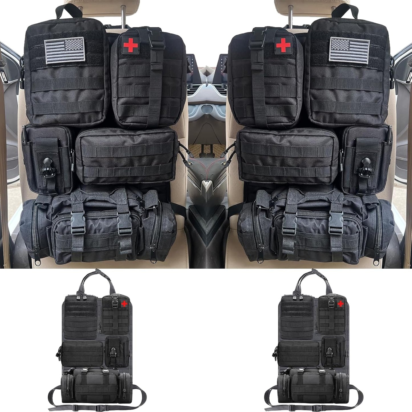 7 PACK Tactical Seat back organizer Truck organizer With 6 Detachable Pouches Universal For Car Truck Ford Jeep Military-Grade Heavier Panels With Multi-functional Packs (2 Set Black)