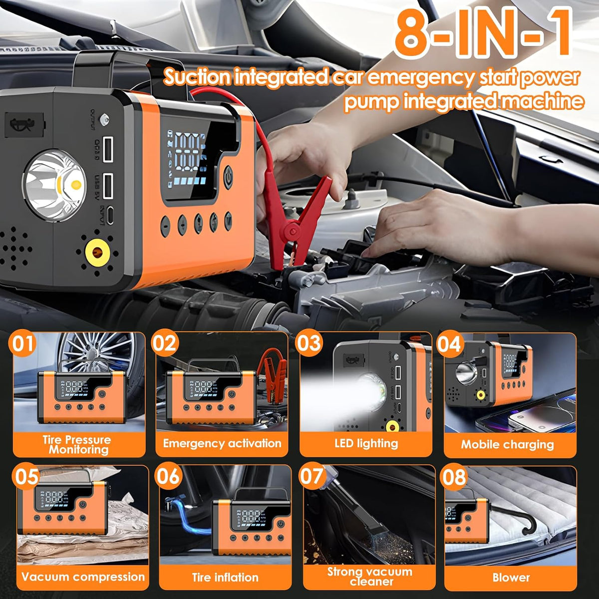 3000A Portable Car Jump Starter, 8-in-1 All-in-One Emergency Kit with 150PSI Air Compressor, Car Vacuum, Power Bank & LED Light, 12V Battery Booster for Gas Diesel Engines Cars Trucks SUV