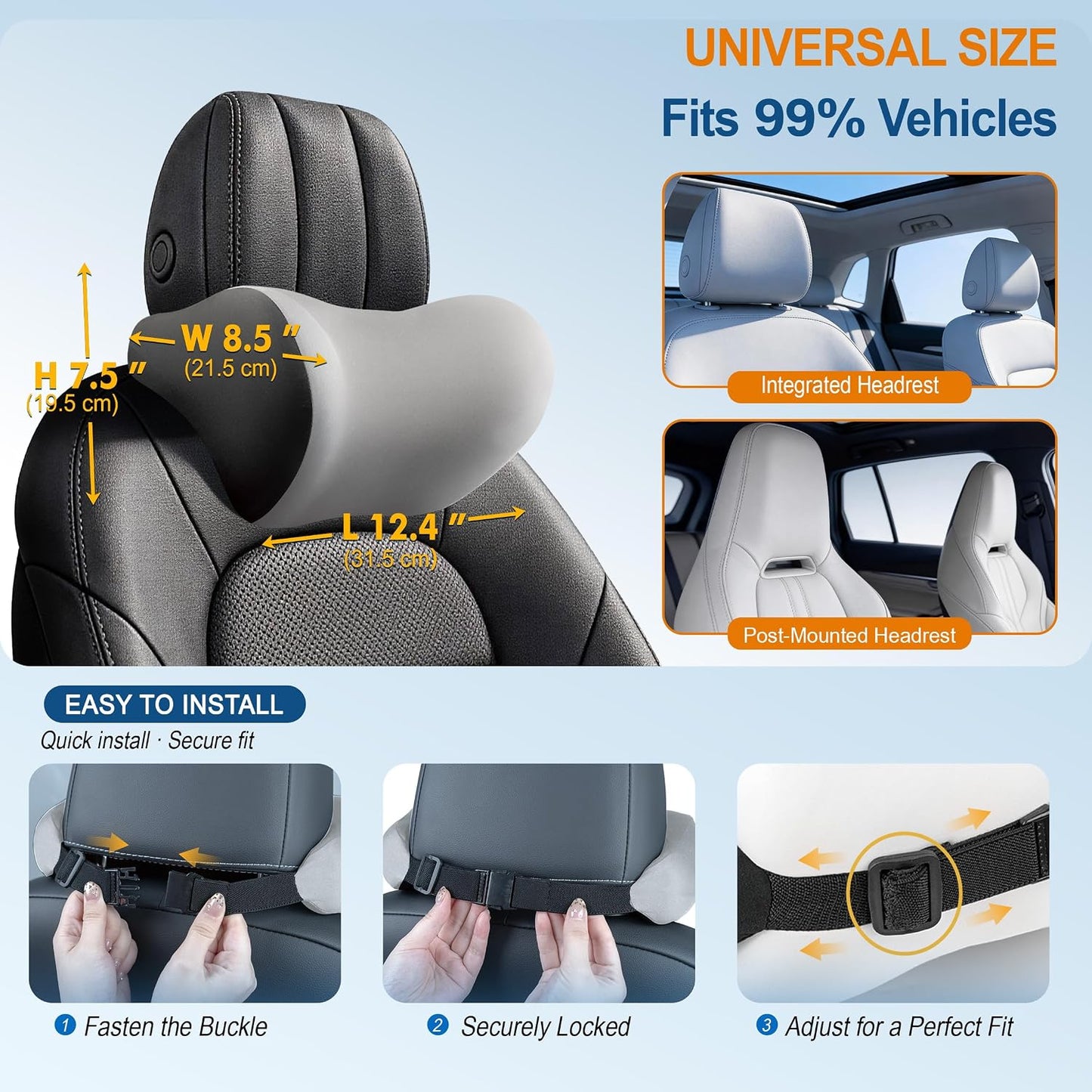 Allaboutsla 2-Pack Car Neck Pillow, Car Headrest Pillow for Neck Support | Memory Foam Car Neck Pillow for Driving with Neck Support, Adjustable Strap, Head Rest Pillow for Drives, Trucks, Gray&Black